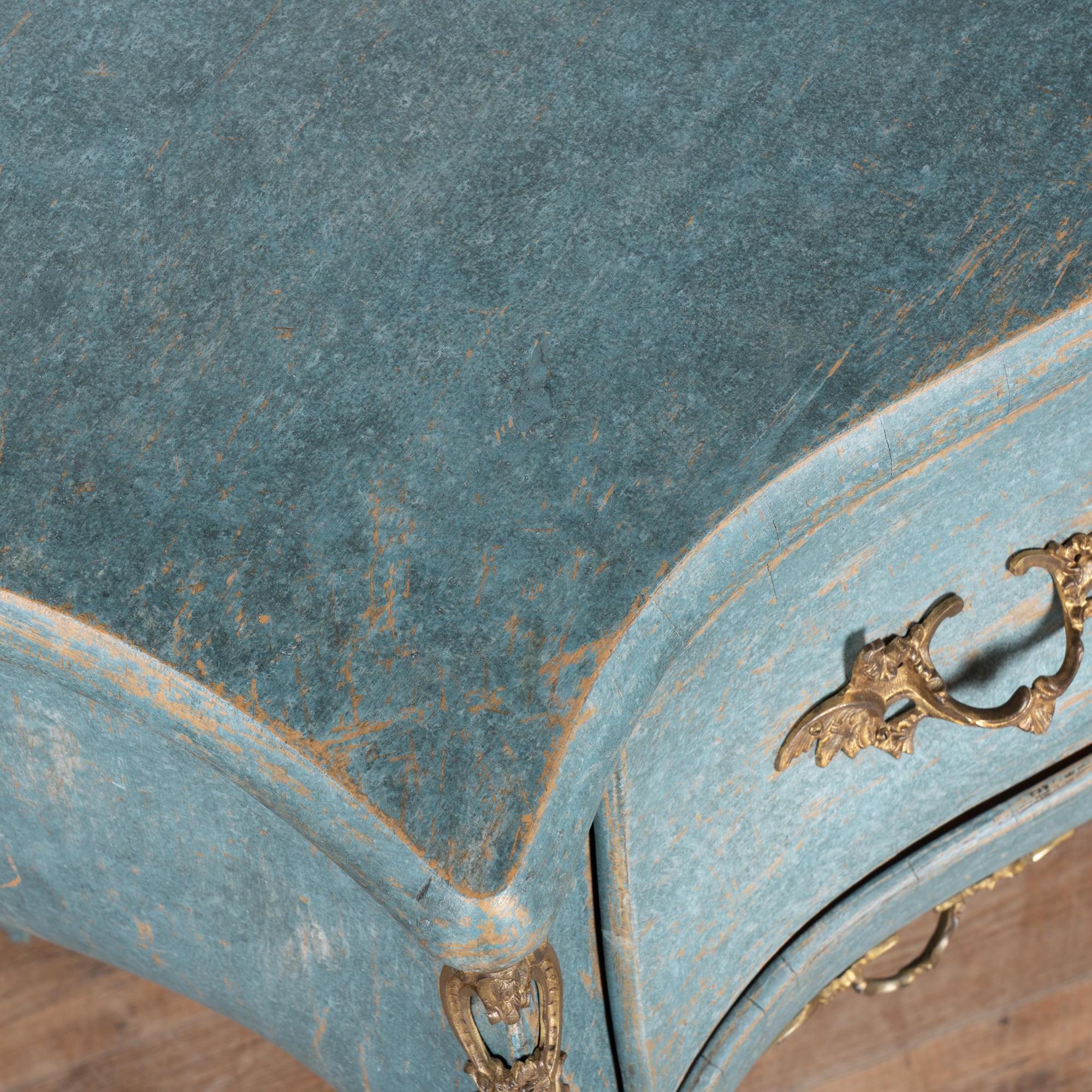 Brass Early 20th Century Blue Painted Bombay Commode Chest of Three Drawers, Sweden For Sale