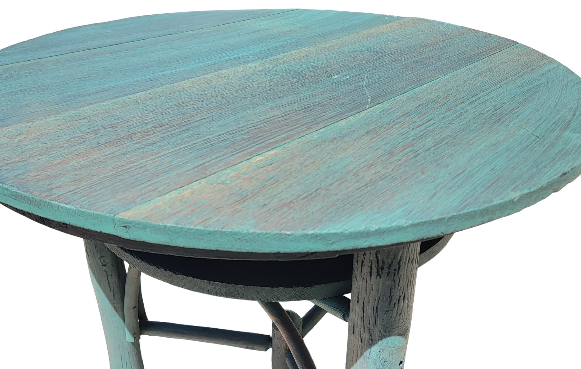 Early 20th Century Blue Painted Hickory Round Table In Good Condition For Sale In Los Angeles, CA