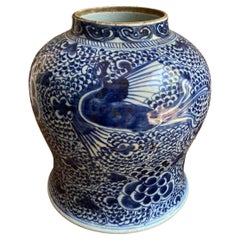 Antique Early 20th Century Blue & White Chinese Porcelain Jar with Hand-Painted Motif