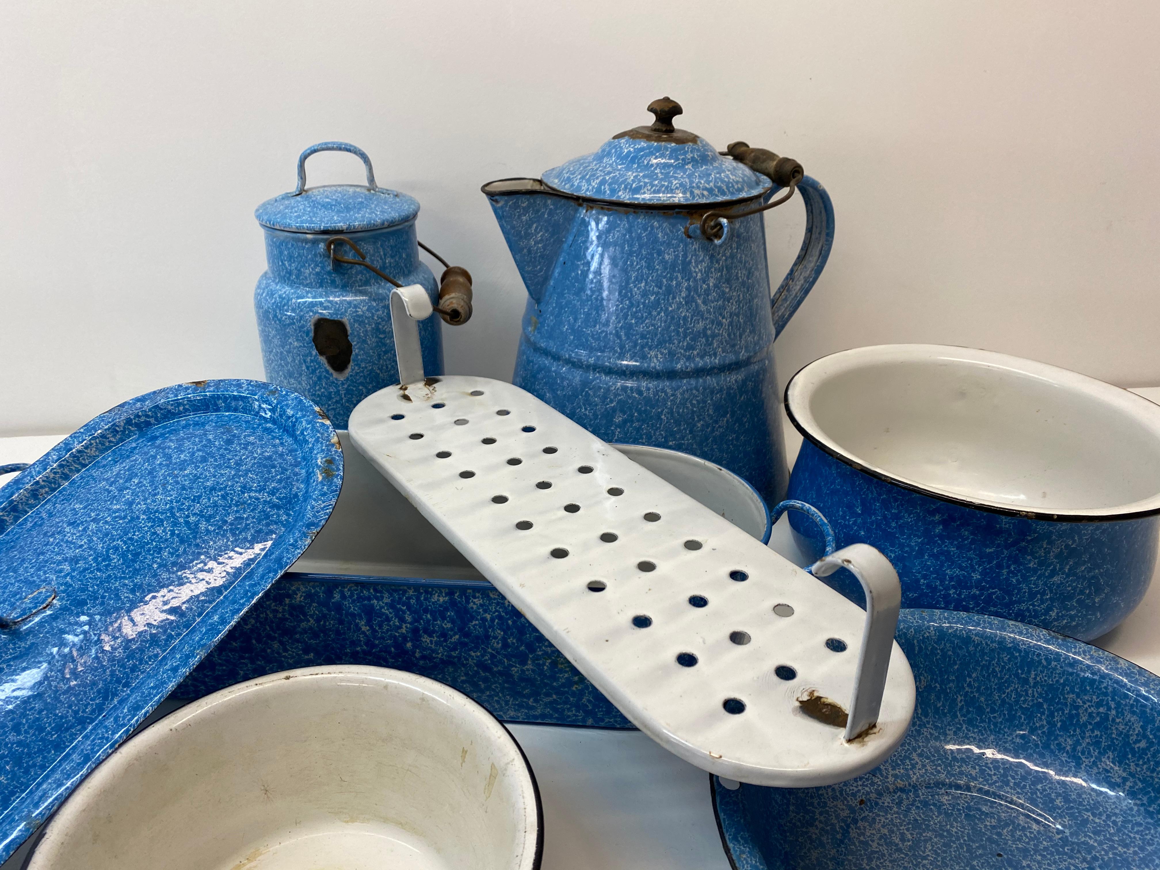American Early 20th Century Blue and White Graniteware Six Pieces For Sale