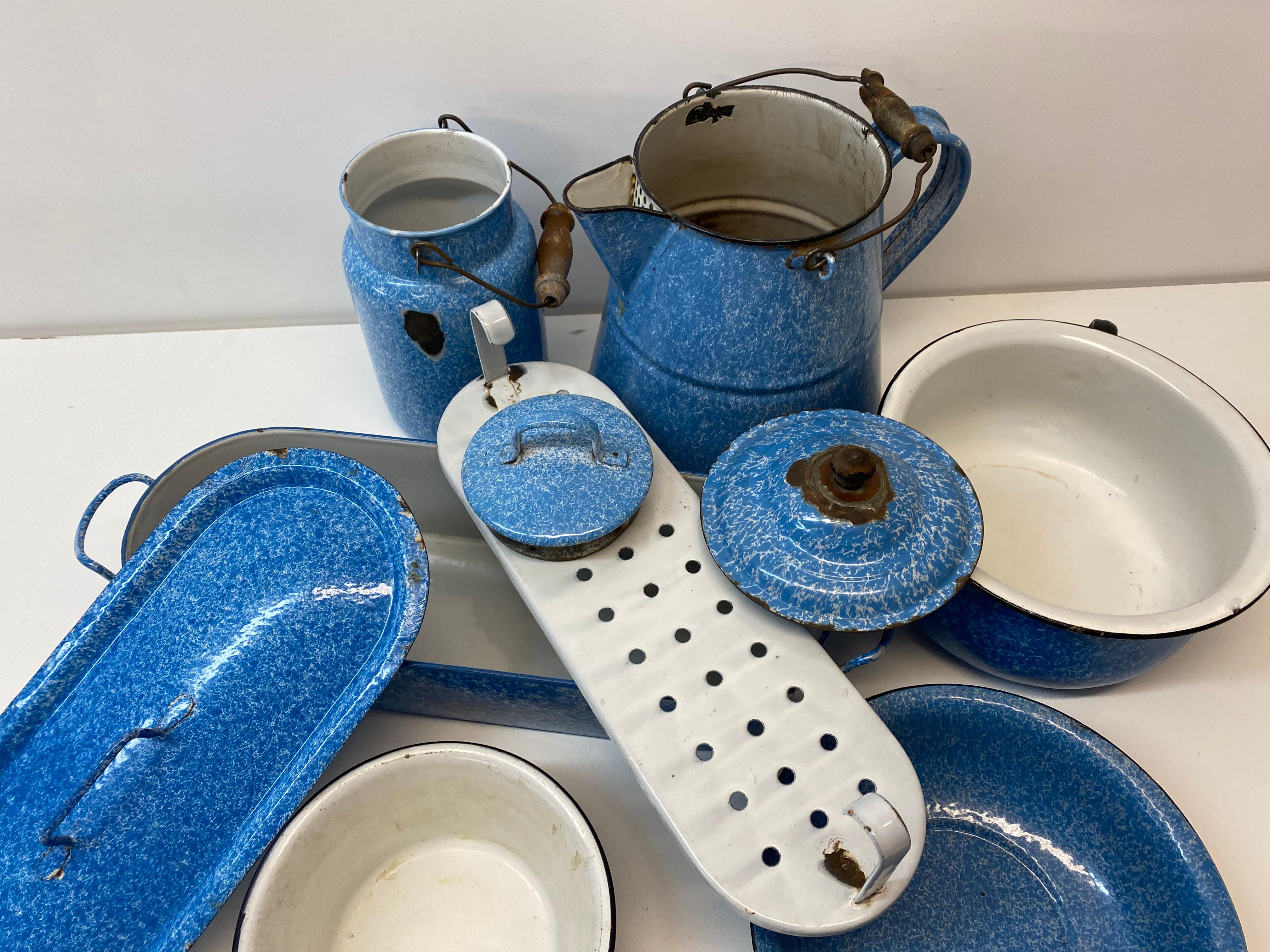 Enameled Early 20th Century Blue and White Graniteware Six Pieces For Sale