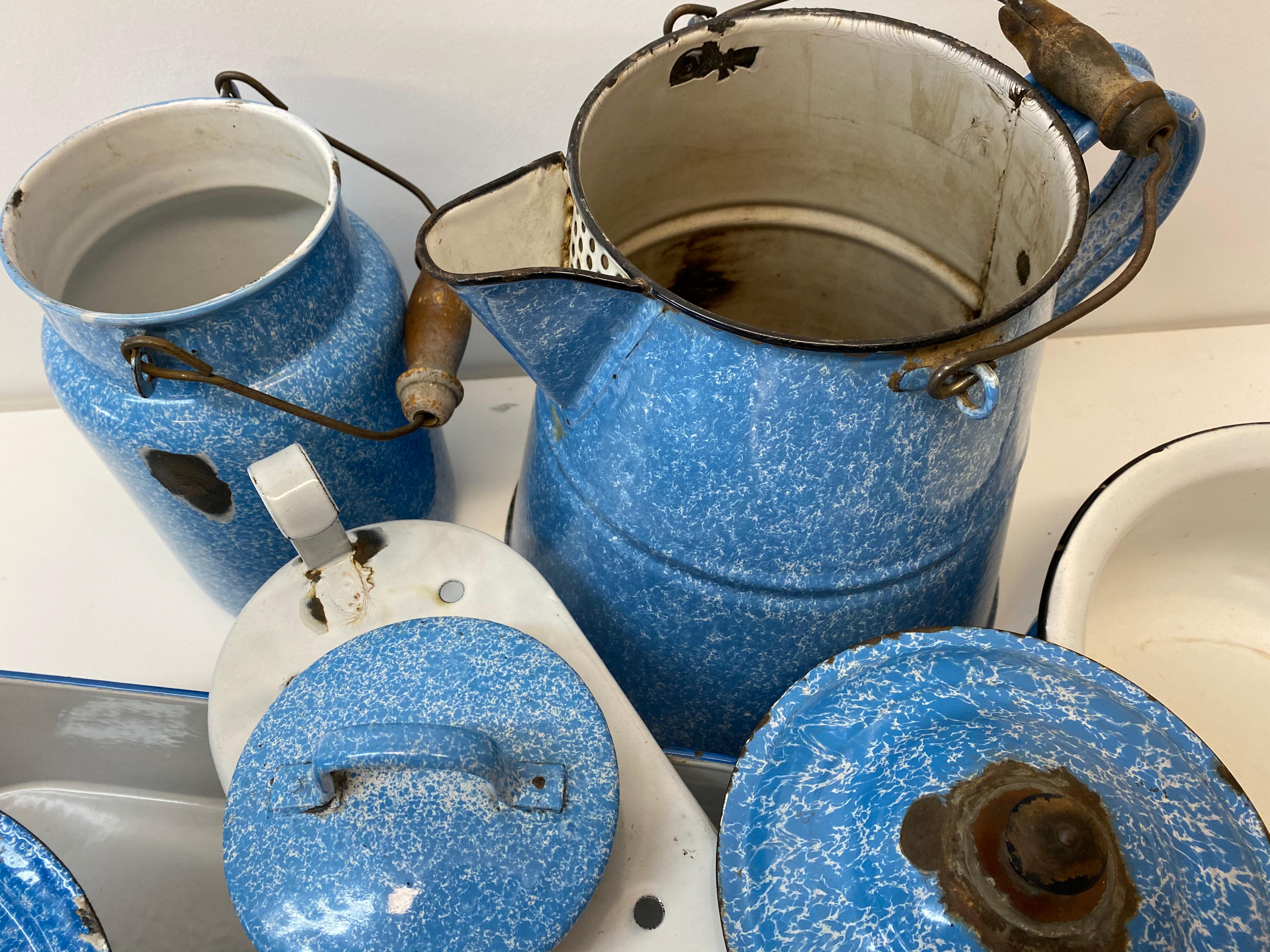 Metal Early 20th Century Blue and White Graniteware Six Pieces For Sale