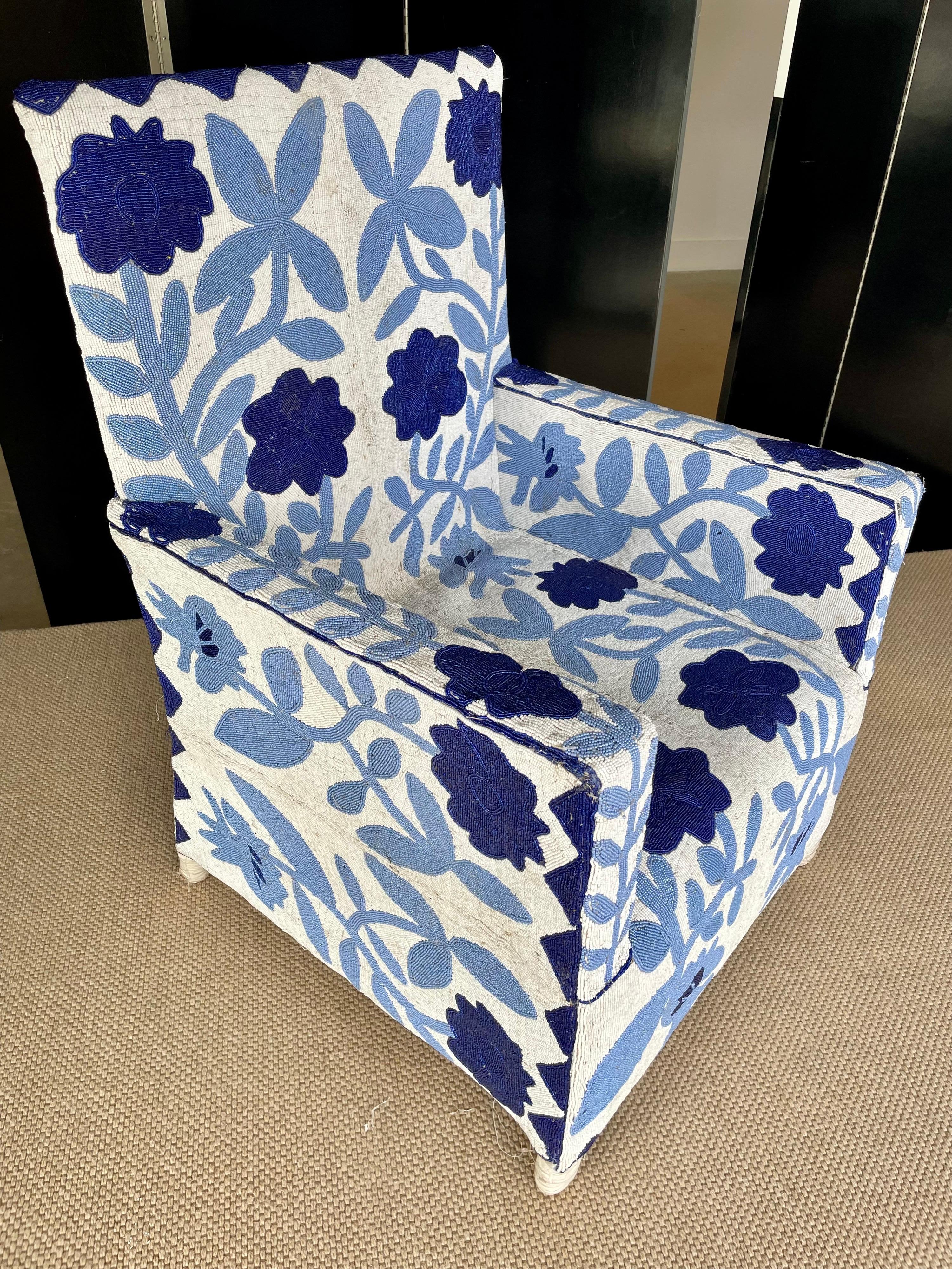 This truly exquisite hand beaded chair by the Yoruba Artisans of Nigeria, best representation of furniture as art. Adorned with Yves Klein Blue and white beads, reminiscent the Marimekko florals design. And don't be shy to sit on them, because they