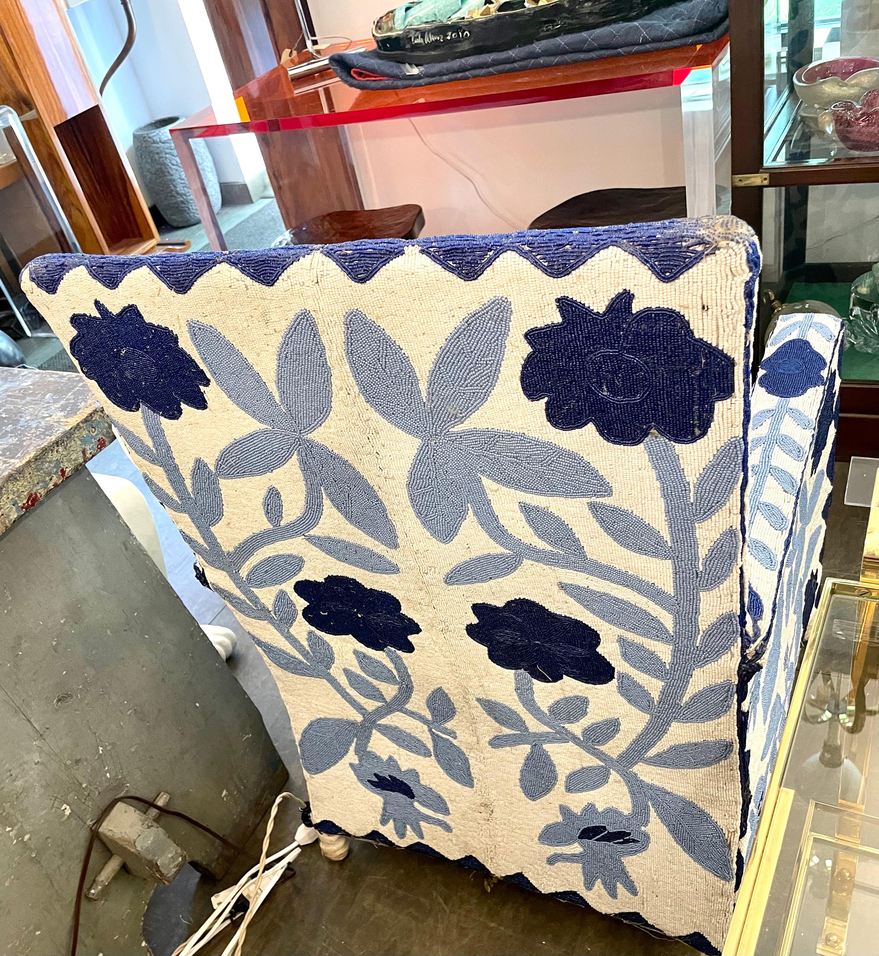 Early 20th Century Blue & White Hand Beaded African Ceremony Chair In Good Condition In East Hampton, NY