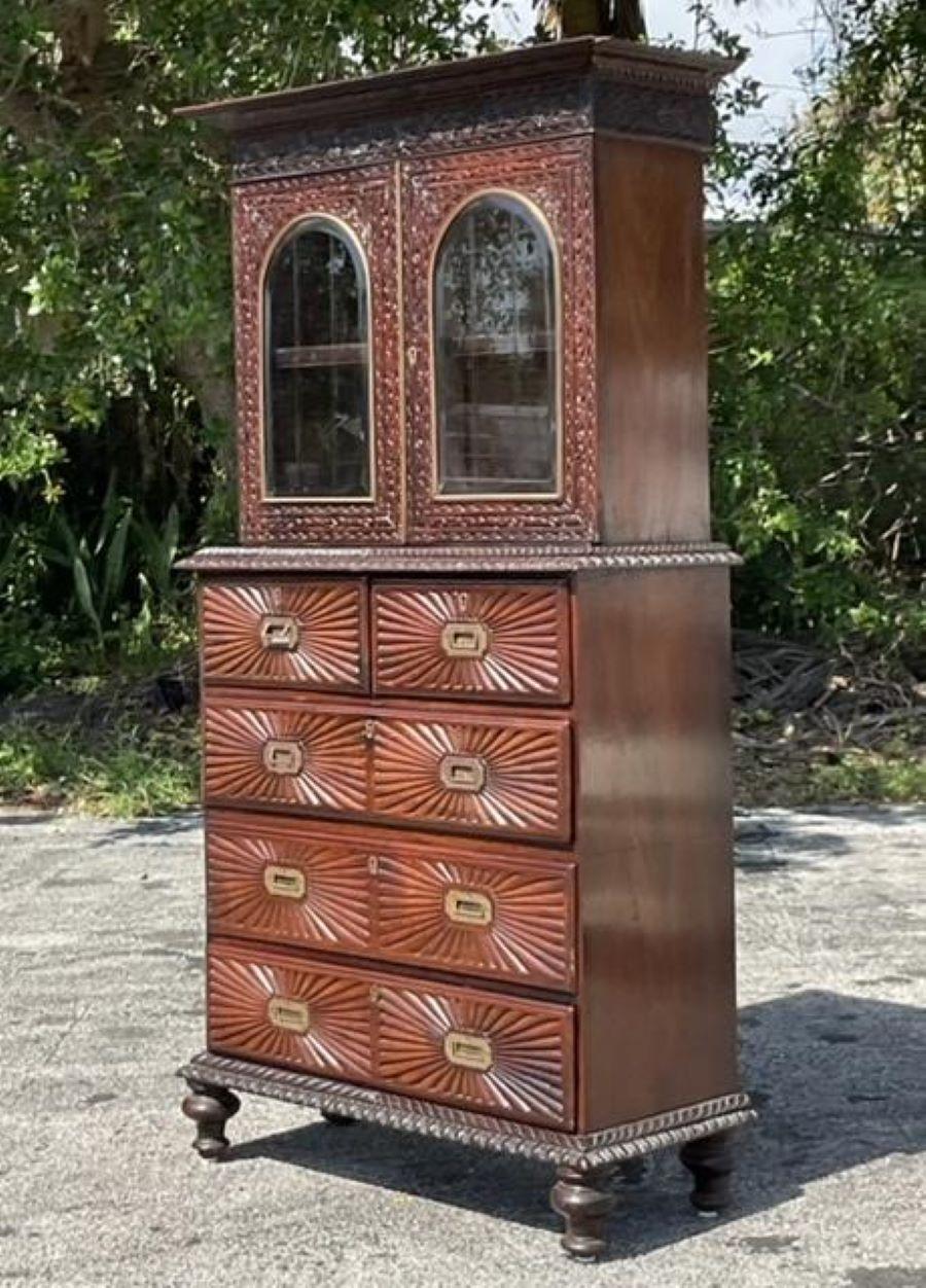 North American Early 20th Century Boho Anglo Indian Carved Sunburst Cabinet For Sale