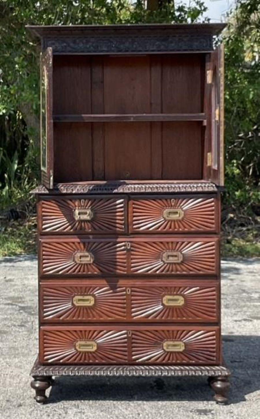 Early 20th Century Boho Anglo Indian Carved Sunburst Cabinet In Good Condition For Sale In west palm beach, FL