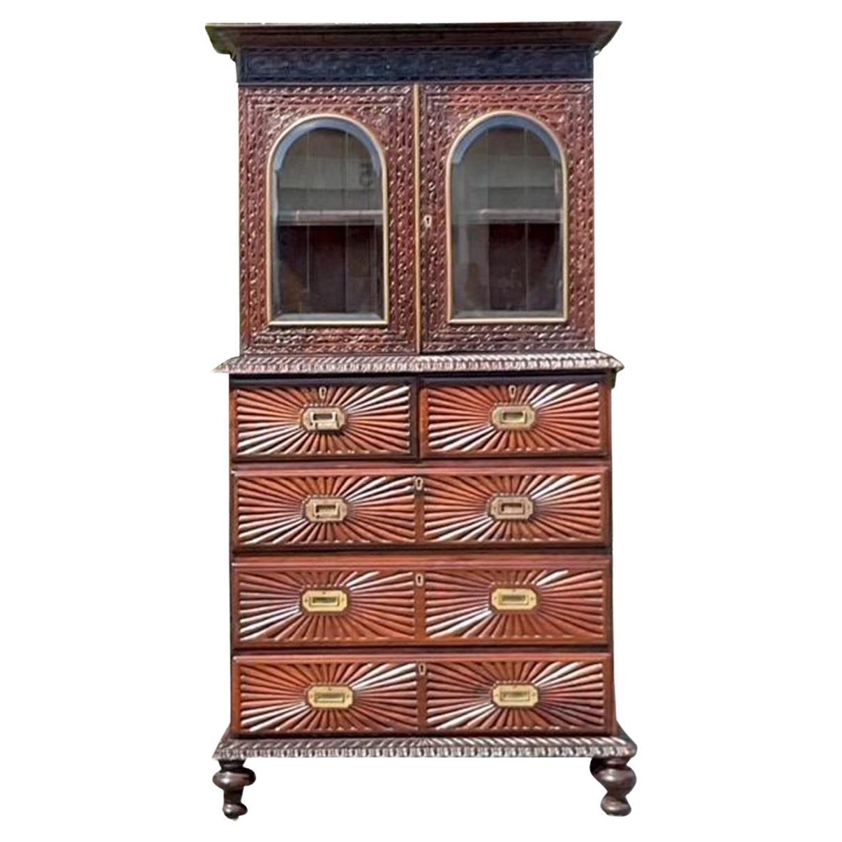 Early 20th Century Boho Anglo Indian Carved Sunburst Cabinet