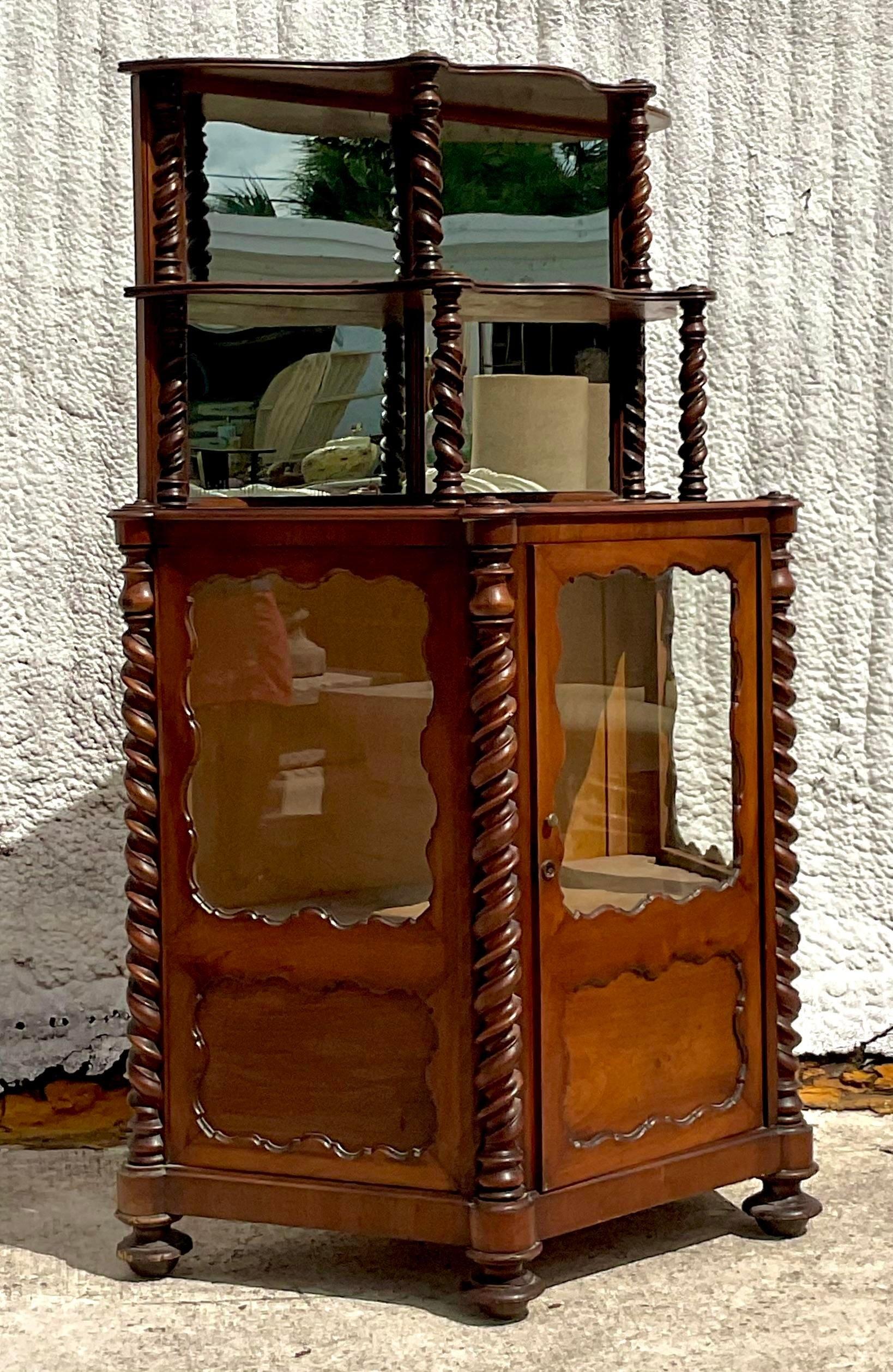 Early 20th Century Boho Barley Twist Bi-Level Cabinet In Good Condition For Sale In west palm beach, FL