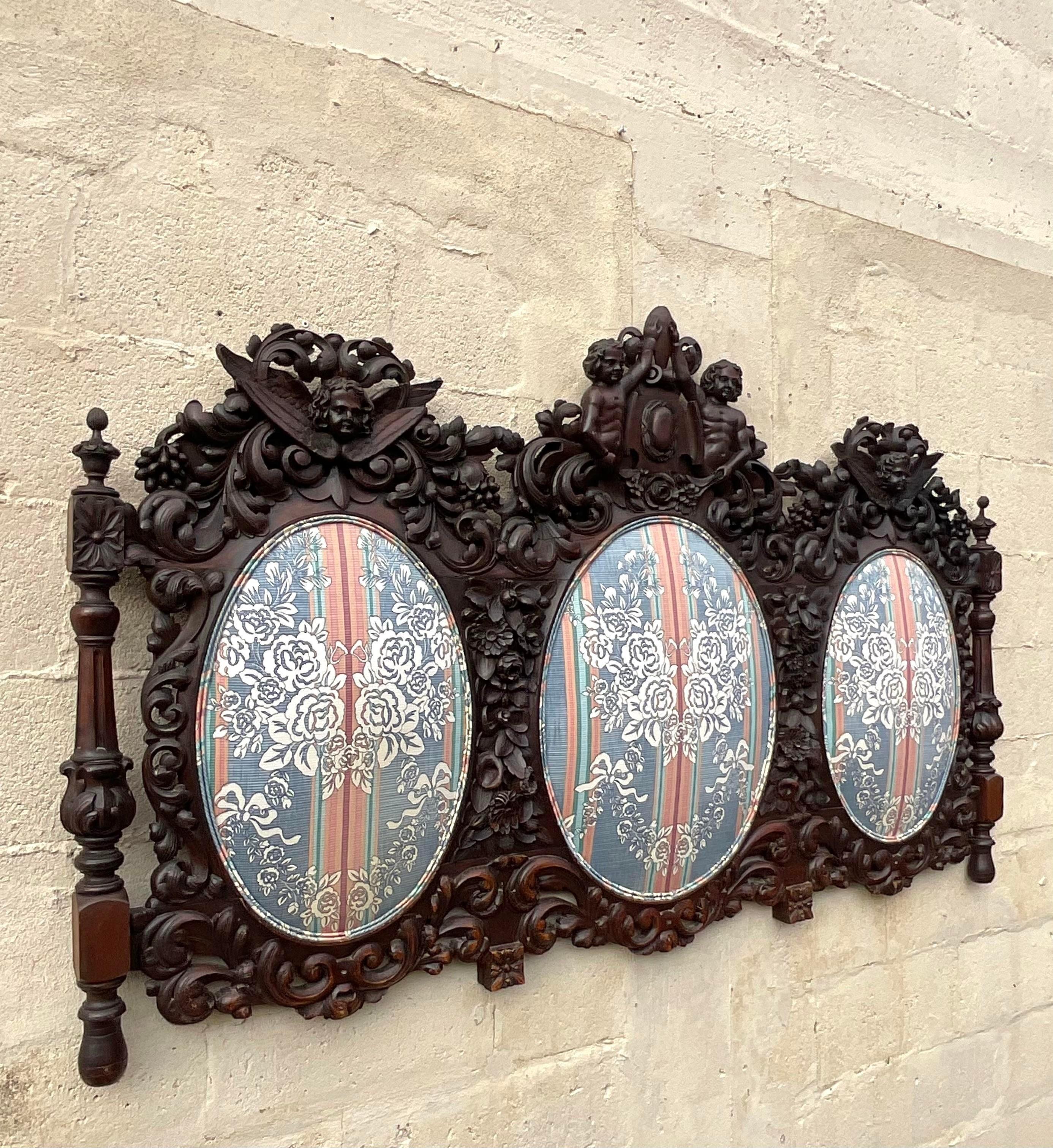 Early 20th Century Boho Carved Wood Queen Headboard In Good Condition For Sale In west palm beach, FL