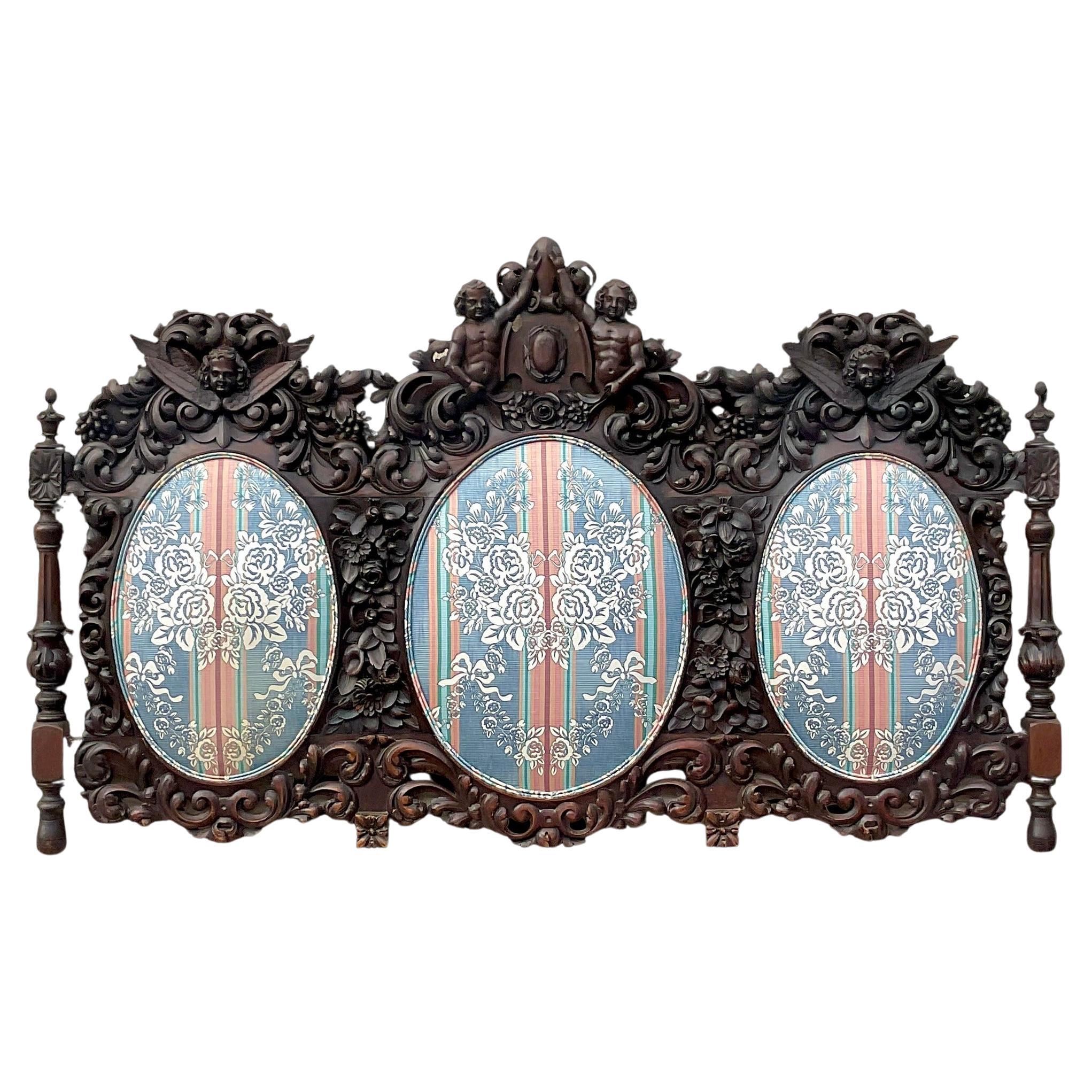 Early 20th Century Boho Carved Wood Queen Headboard For Sale