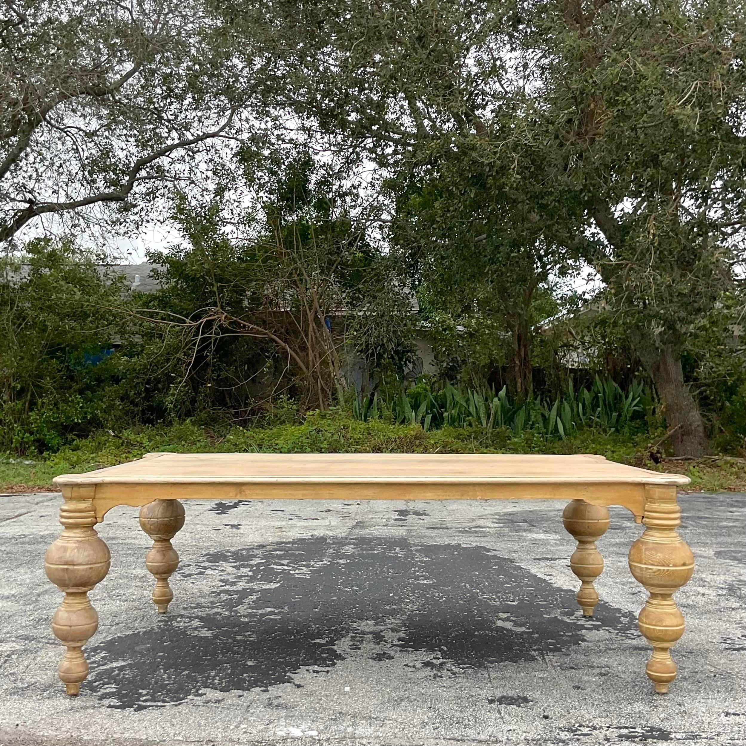 Early 20th Century Boho Monumental Turned Leg Farm Table In Good Condition For Sale In west palm beach, FL