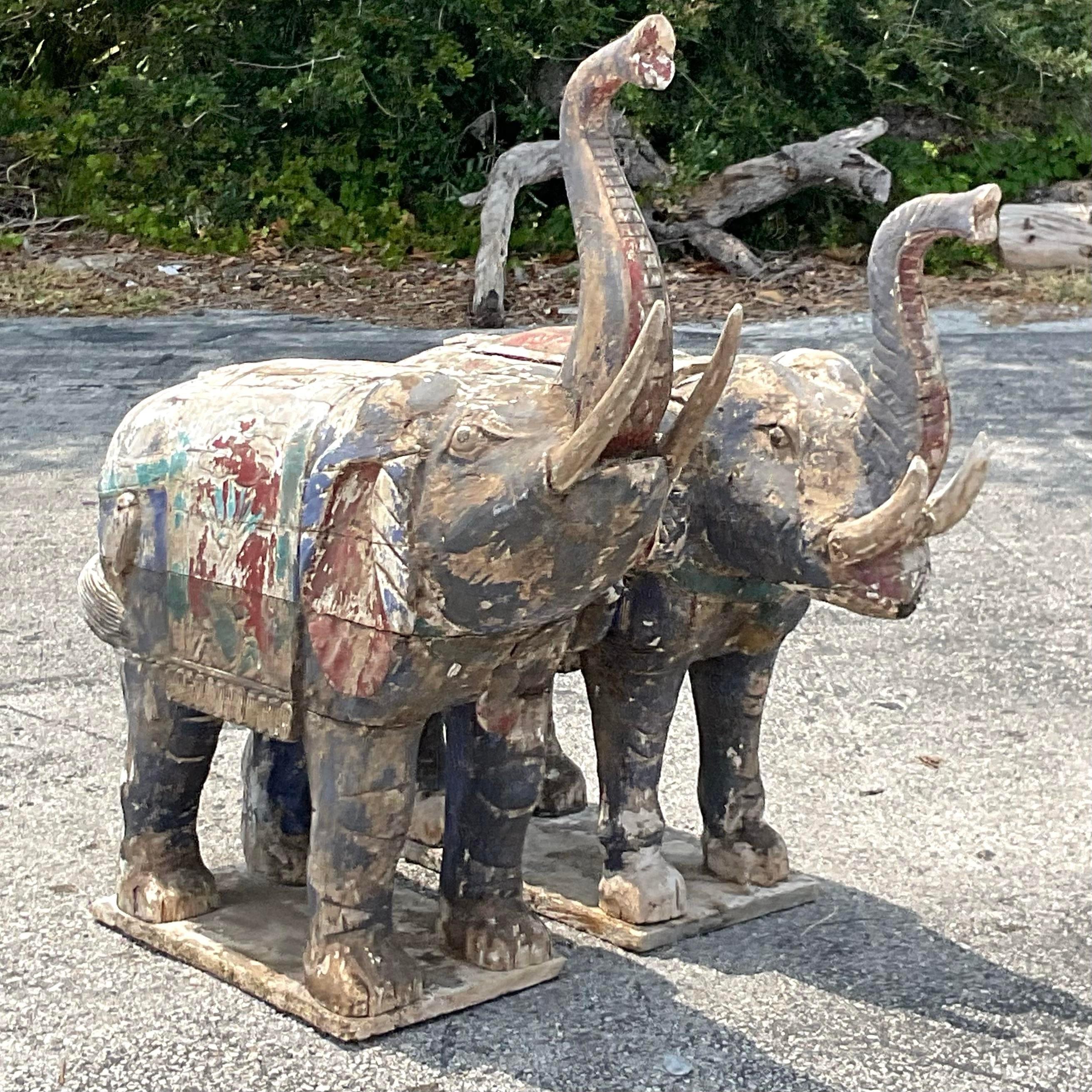 Early 20th Century Boho Patinated Elephants - Set of 2 For Sale at 1stDibs