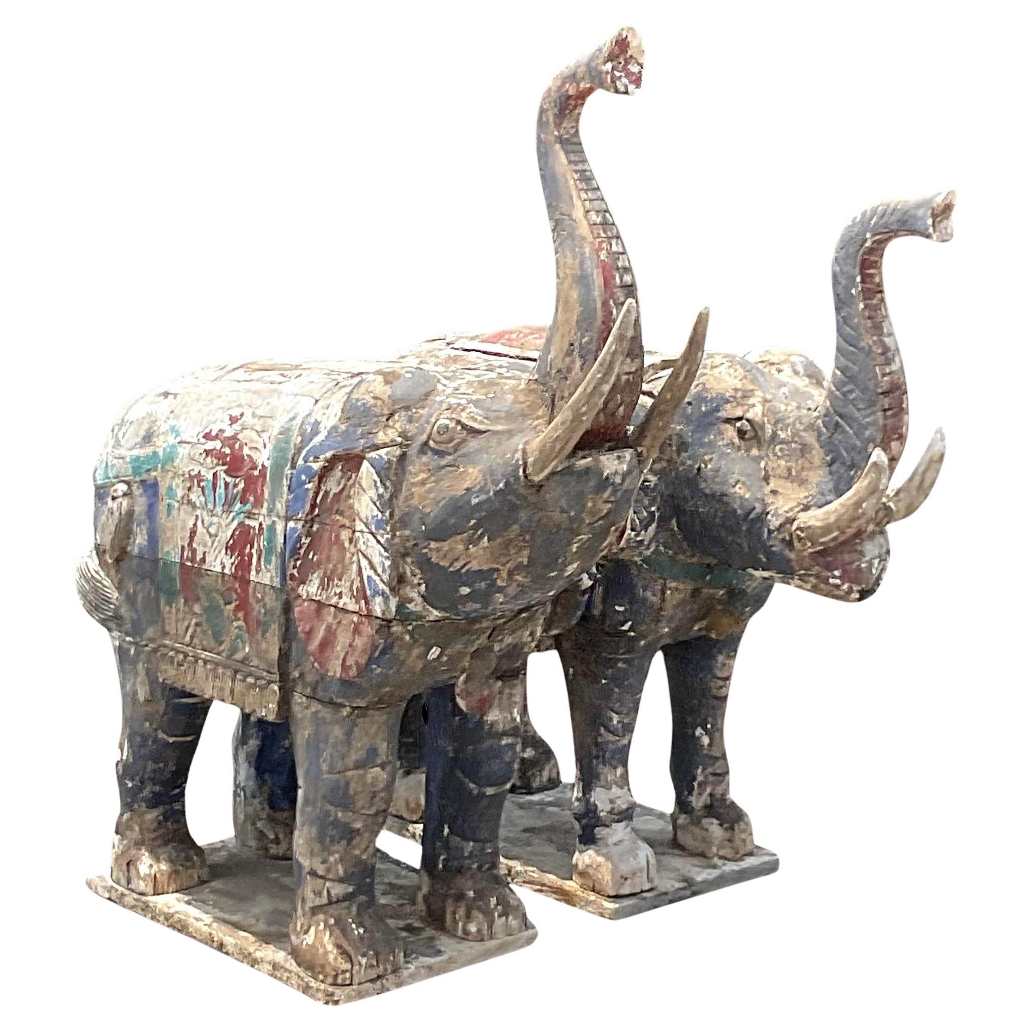 Early 20th Century Boho Patinated Elephants - Set of 2 For Sale at 1stDibs