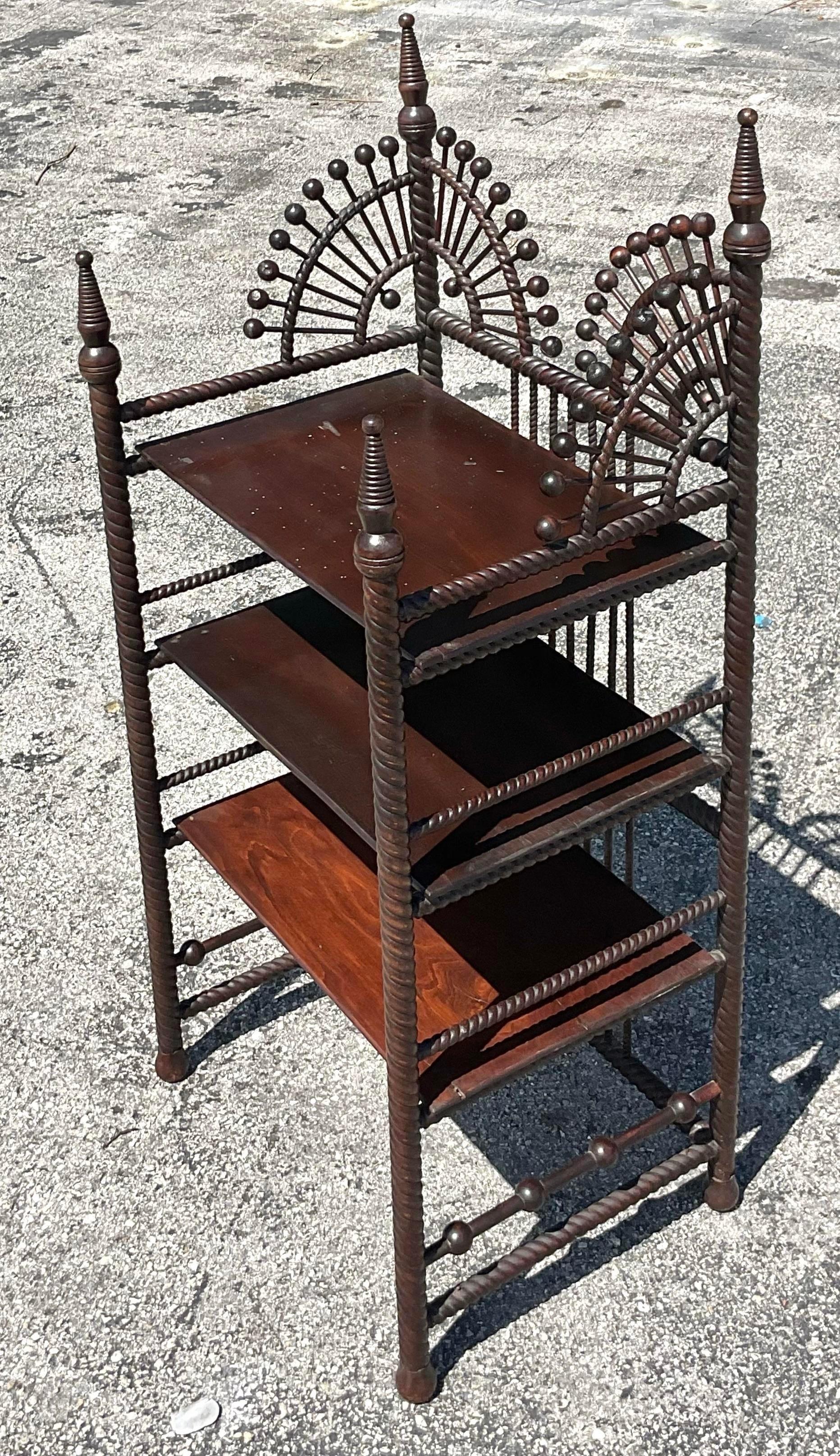 Wood Early 20th Century Boho Stick and Ball Petite Etagere For Sale