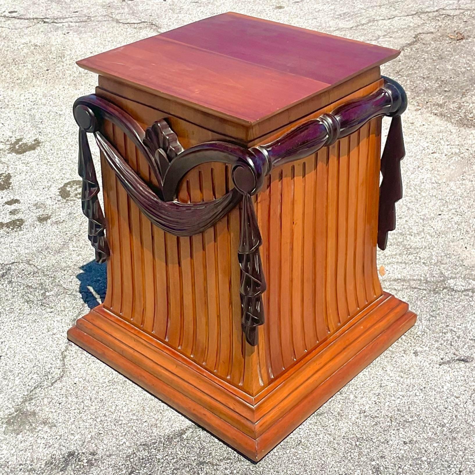A chic vintage Boho pedestal. Intended as a dining table pedestal, but perfect as a stand for your sculpture. You decide! Beautiful carved swag detail. Acquired from a Palm Beach estate.