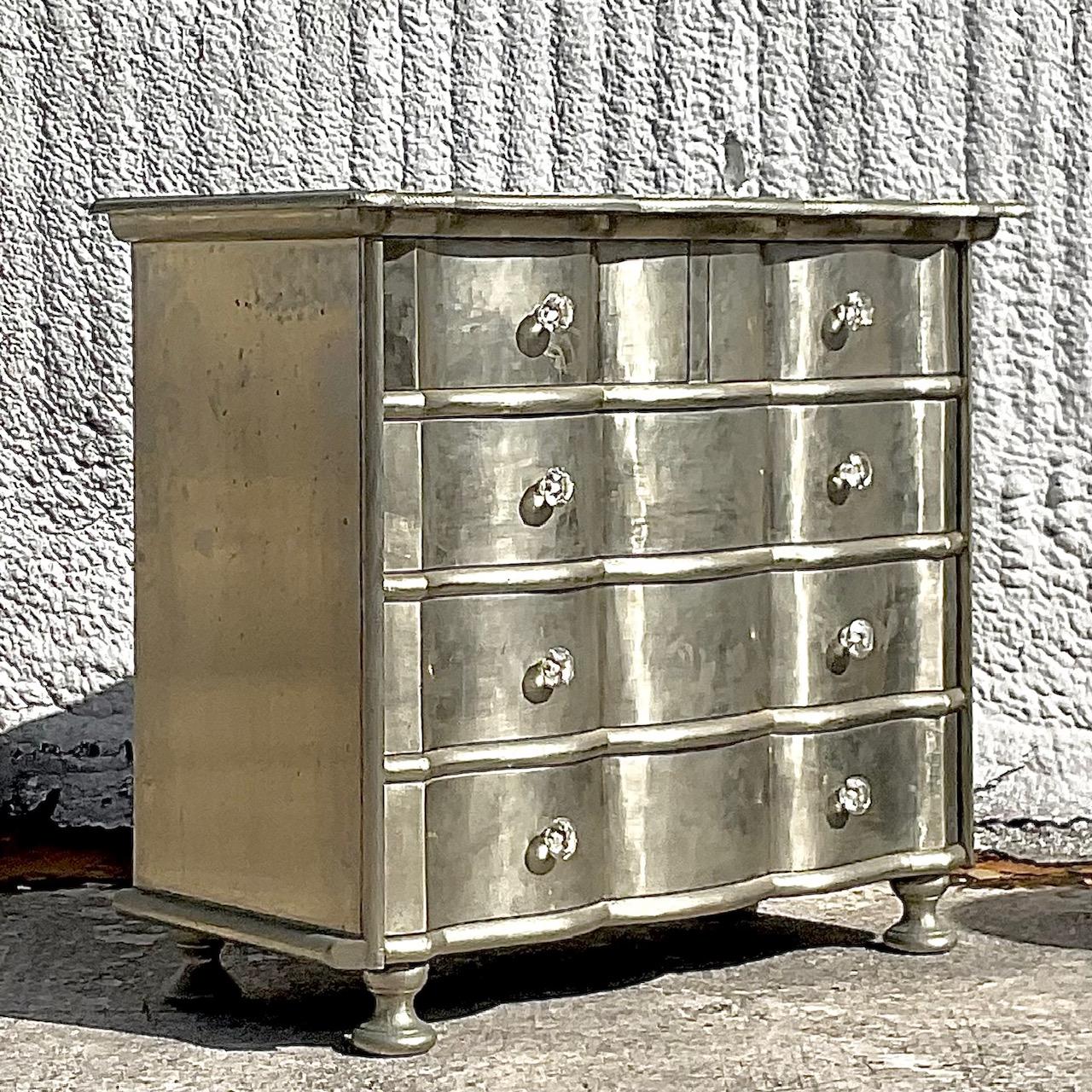 Bohemian Early 20th Century Boho Wave Front Silver Leaf Dresser  For Sale