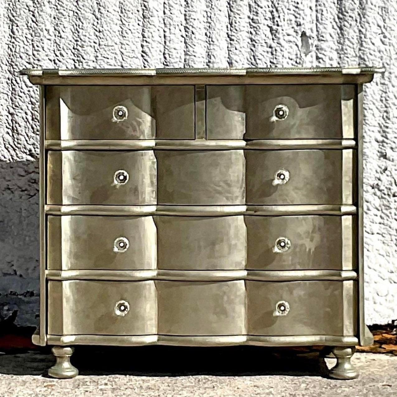 American Early 20th Century Boho Wave Front Silver Leaf Dresser For Sale