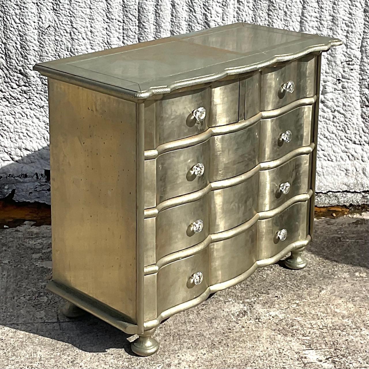 Early 20th Century Boho Wave Front Silver Leaf Dresser  In Good Condition For Sale In west palm beach, FL