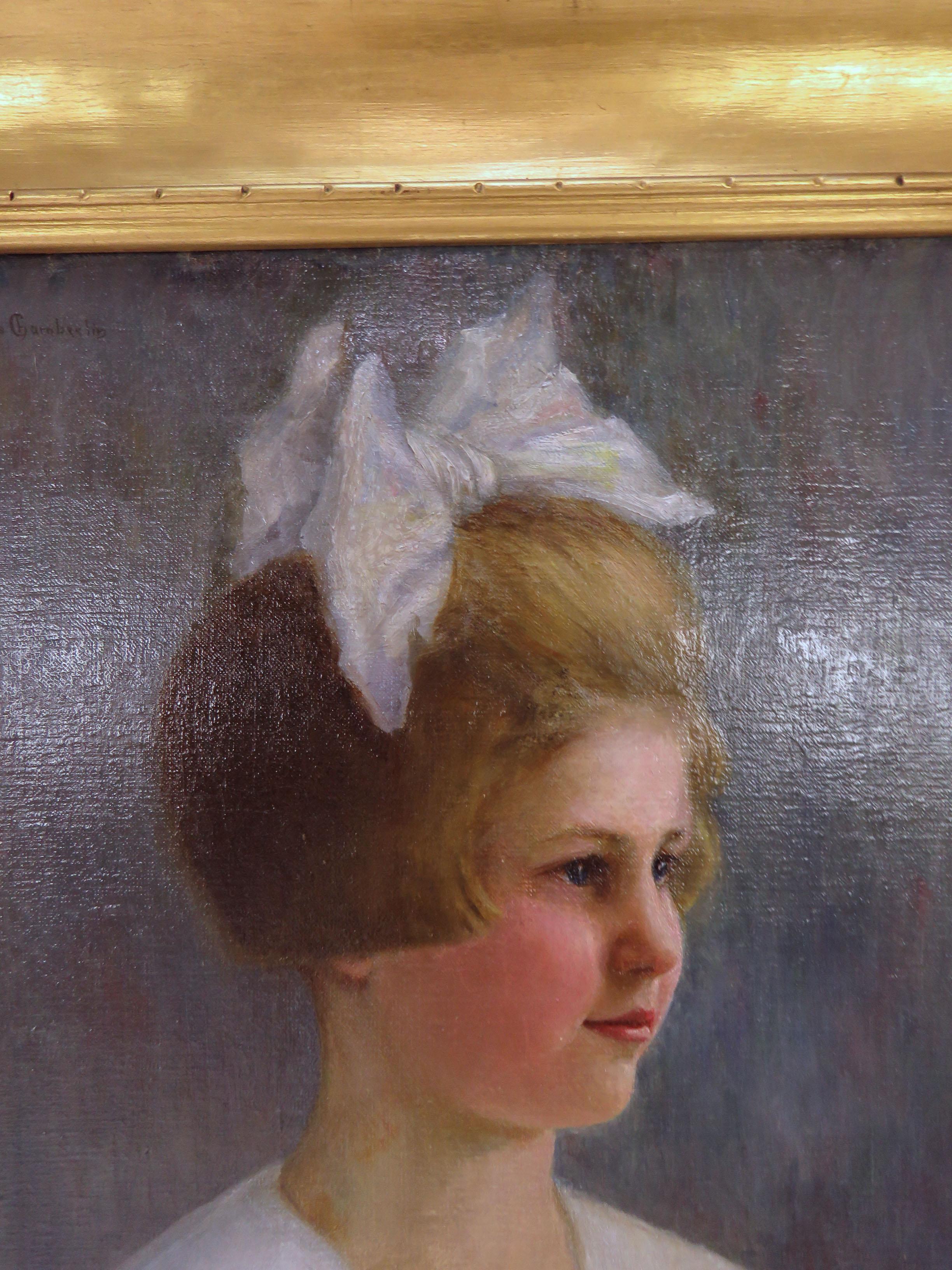 Fine early 20th century Boston School oil painting, portrait of a young girl with a patriotic brooch, by Frances Chamberlin. The young sitter is identified as Harriet White, affectionately known as 