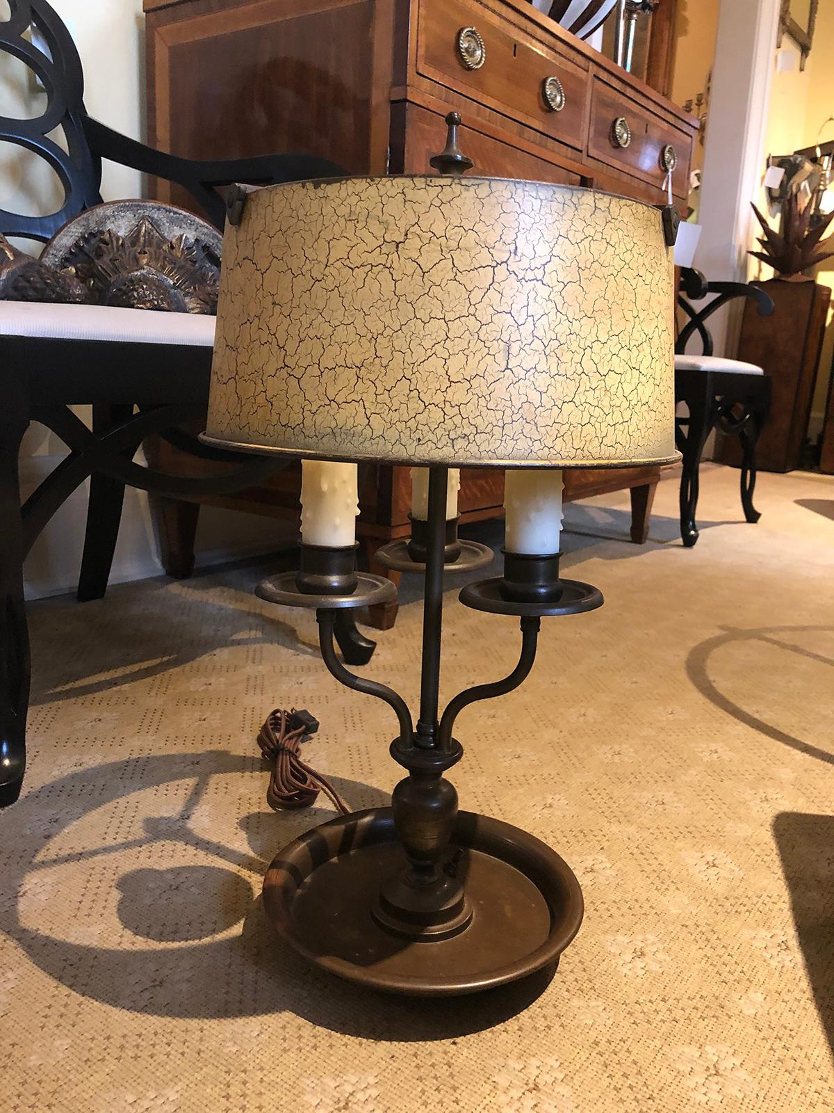 Early 20th century bouillotte lamp with old tole shade, signed RMC
New wiring.