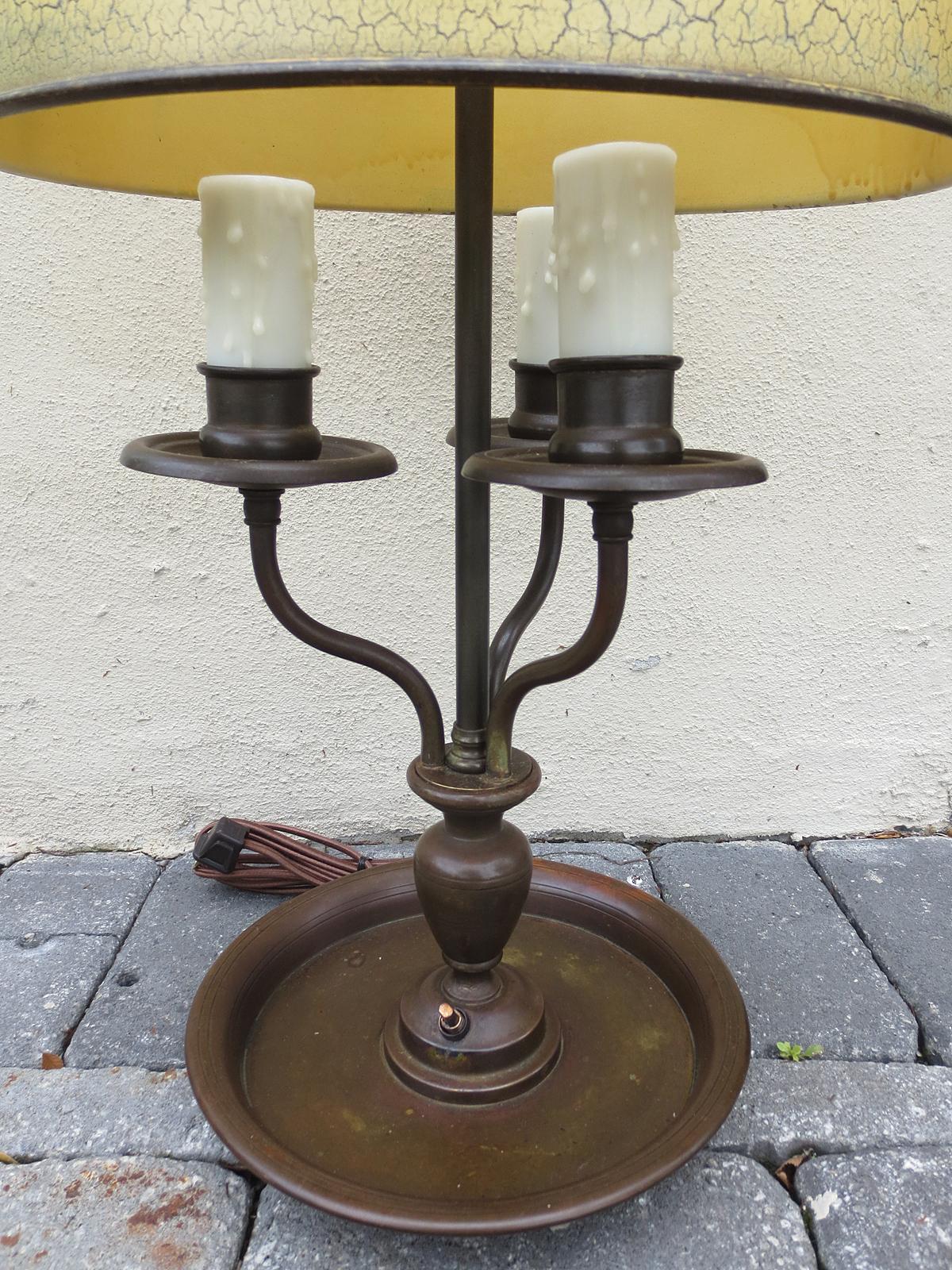 Tôle Early 20th Century Bouillotte Lamp with Old Tole Shade, Signed RMC For Sale