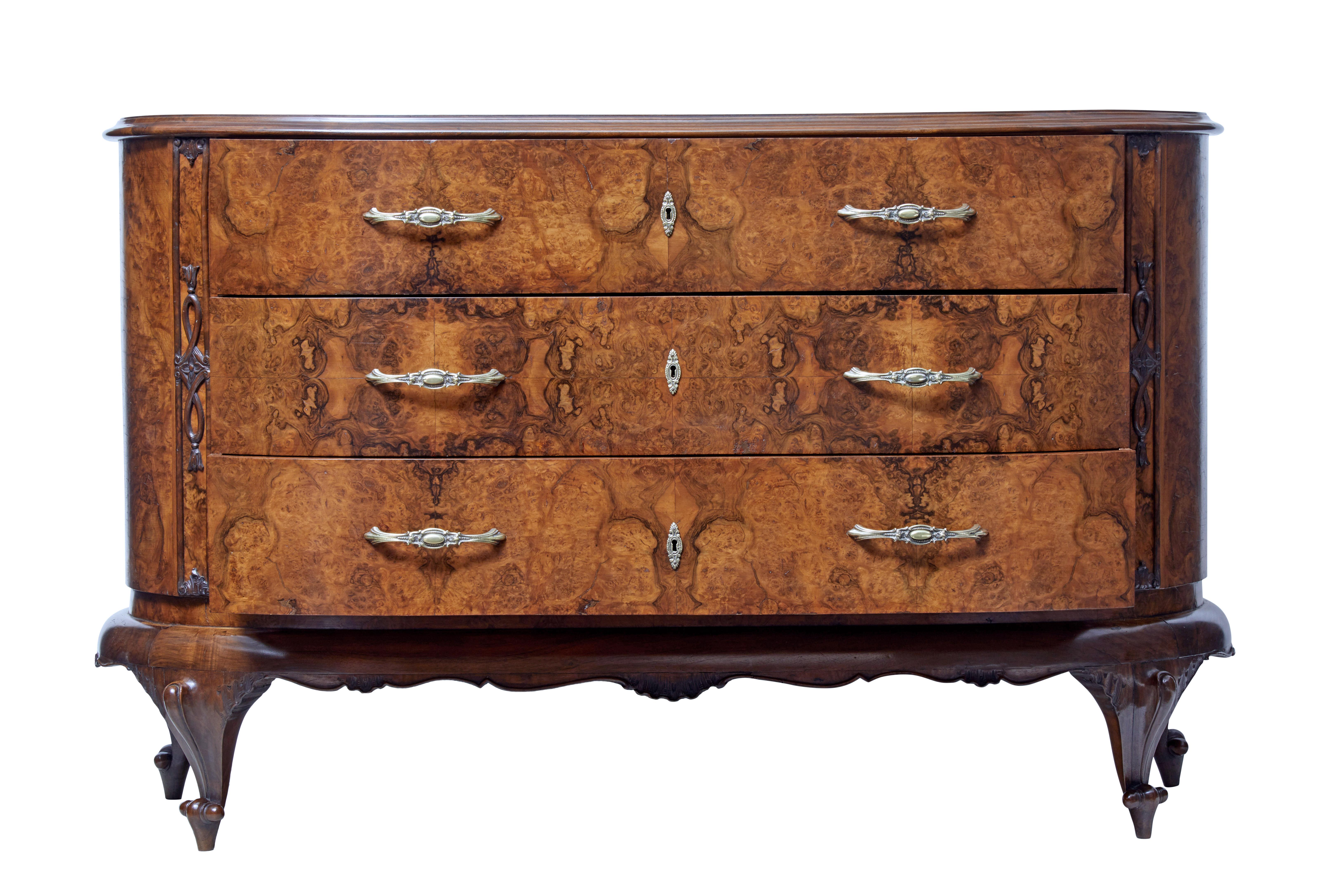 Late Victorian Early 20th Century Bowfront Burr Walnut Sideboard