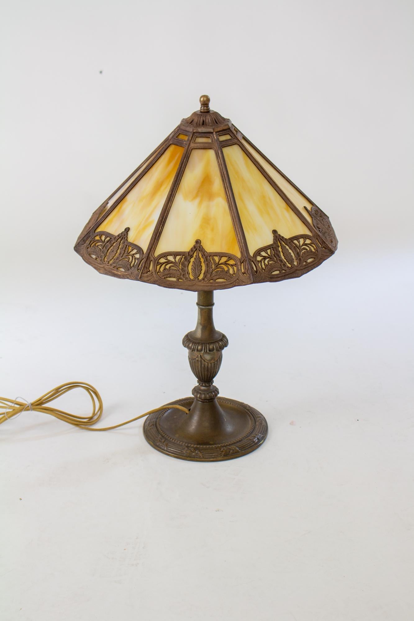 Metal Early 20th Century Bradley and Hubbard Panel Glass Lamp with Caramel Slag Glass