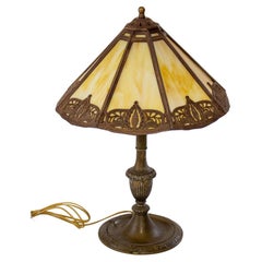 Early 20th Century Bradley and Hubbard Panel Glass Lamp with Caramel Slag Glass