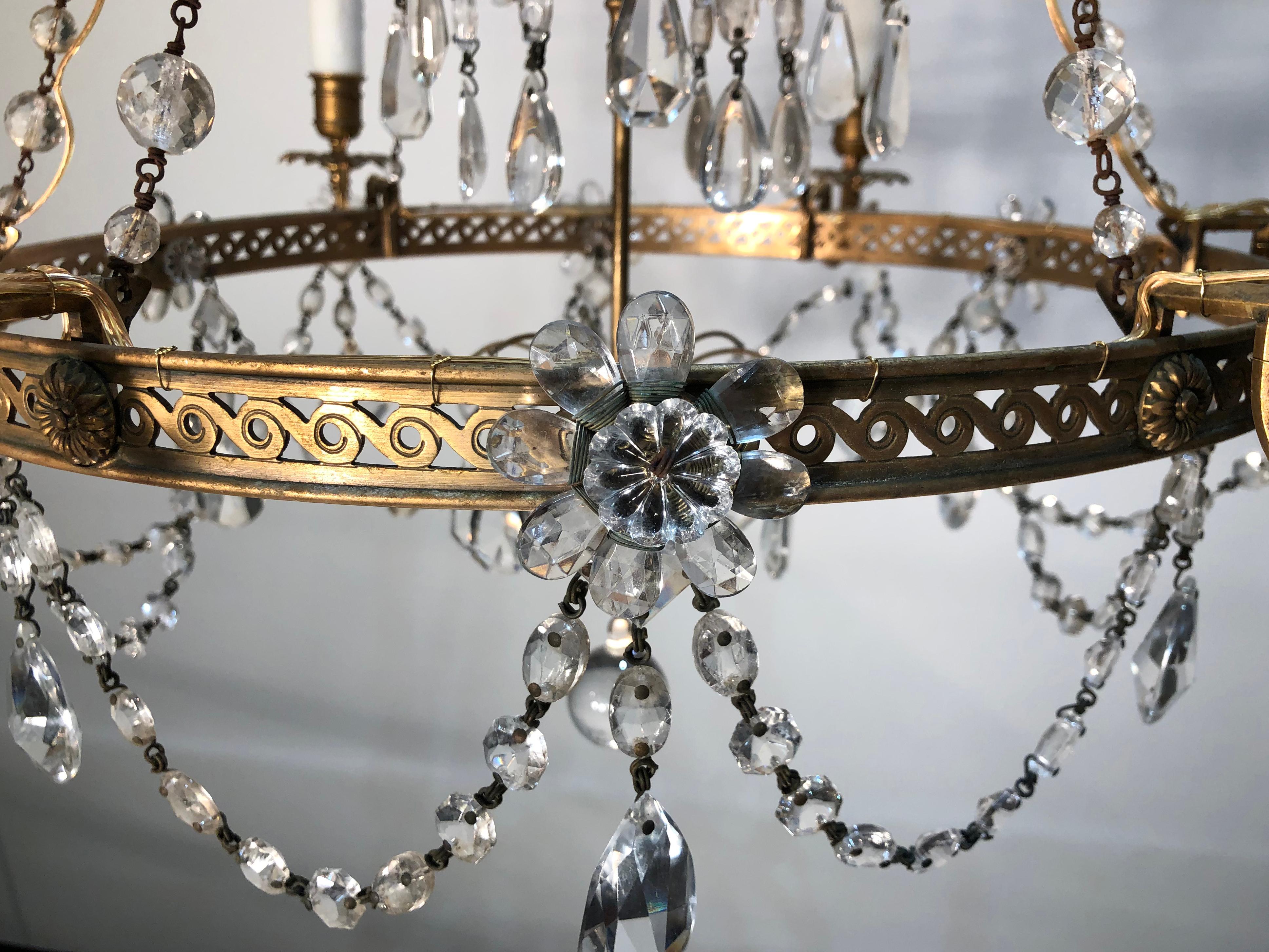 Early 20th Century Brass and Crystal Chandelier In Good Condition In Charleston, SC