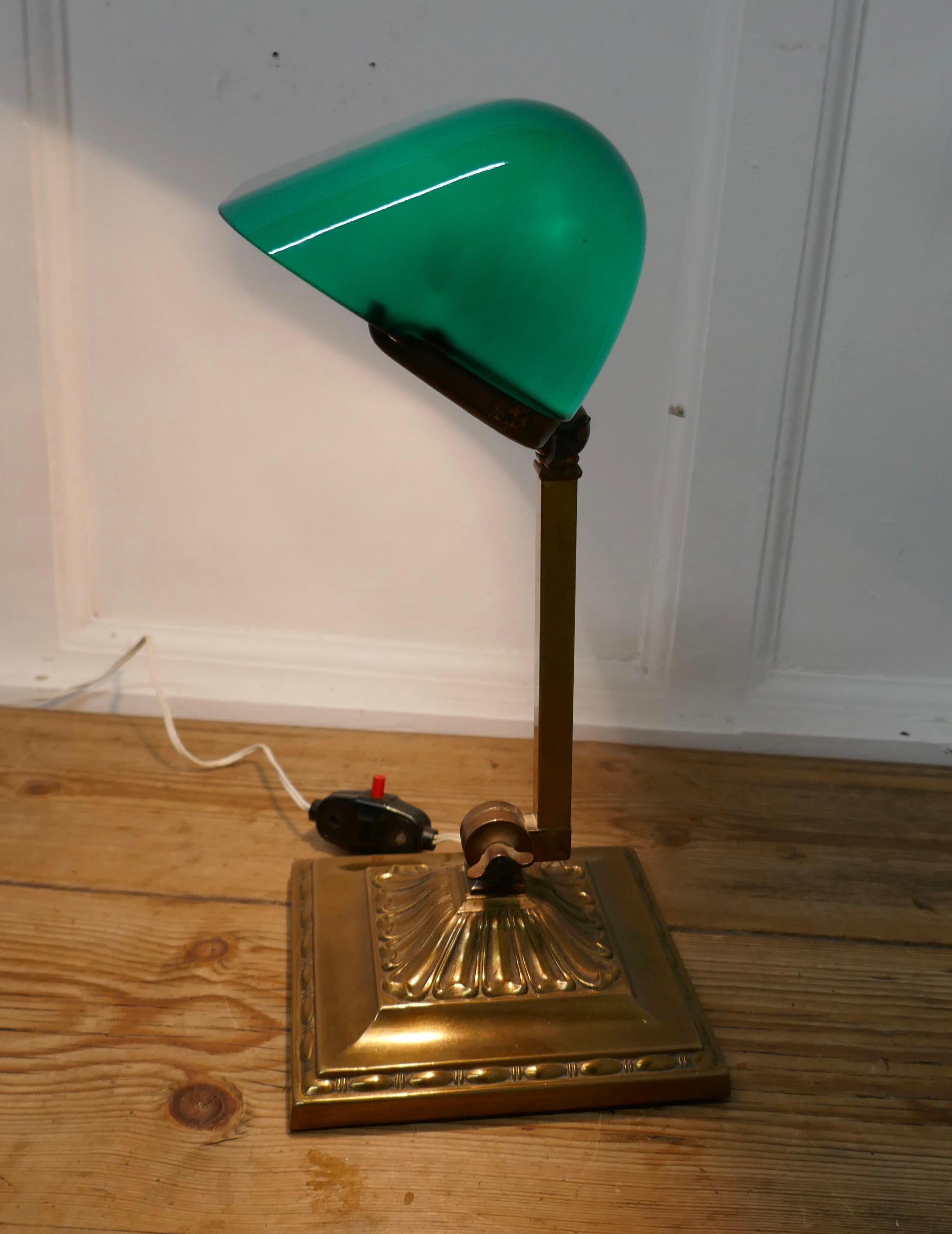 Palladian Early 20th Century Brass and Green Glass  Barrister’s Desk Lamp