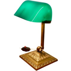 Antique Early 20th Century Brass and Green Glass  Barrister’s Desk Lamp