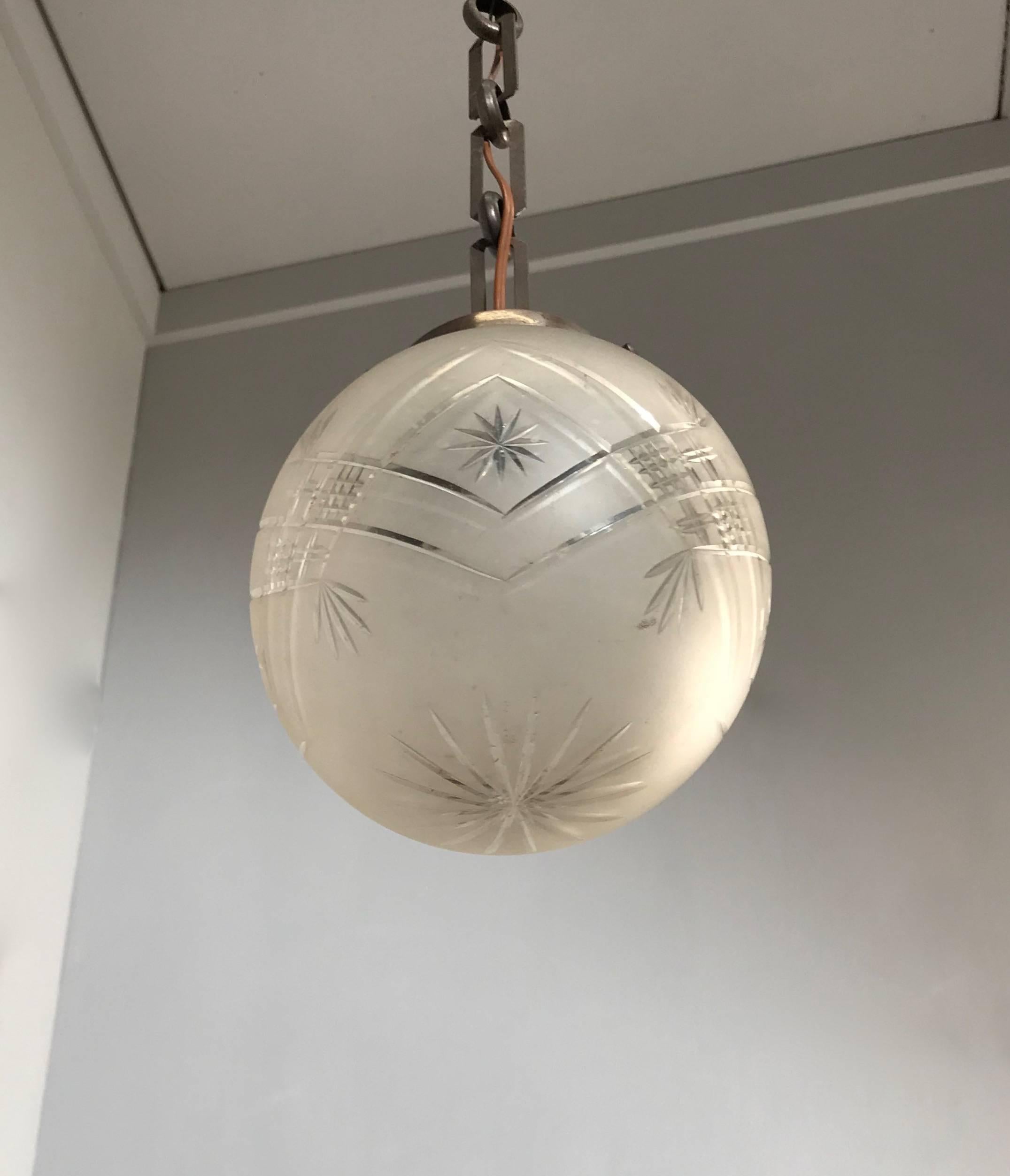 Engraved Early 20th Century Brass and Hand-Cut Glass Globe Small Pendant Light Fixture