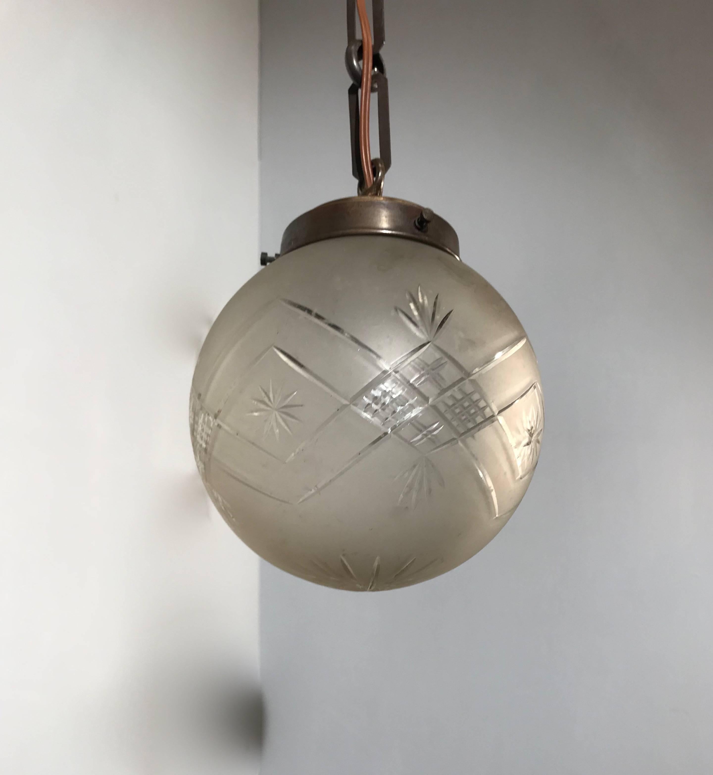 Early 20th Century Brass and Hand-Cut Glass Globe Small Pendant Light Fixture In Good Condition In Lisse, NL