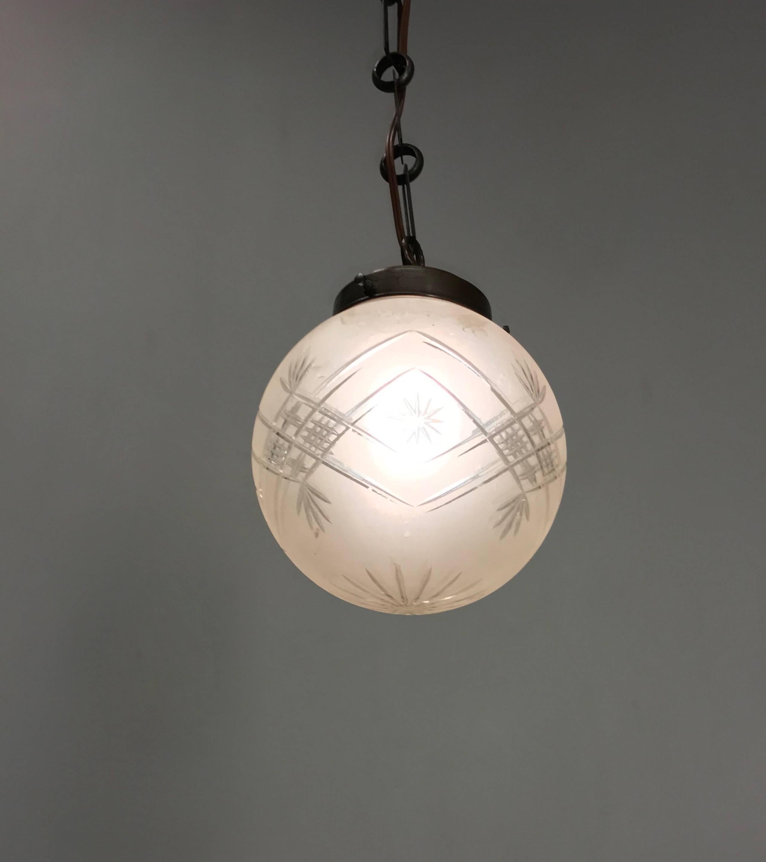 Early 20th Century Brass and Hand-Cut Glass Globe Small Pendant Light Fixture 3