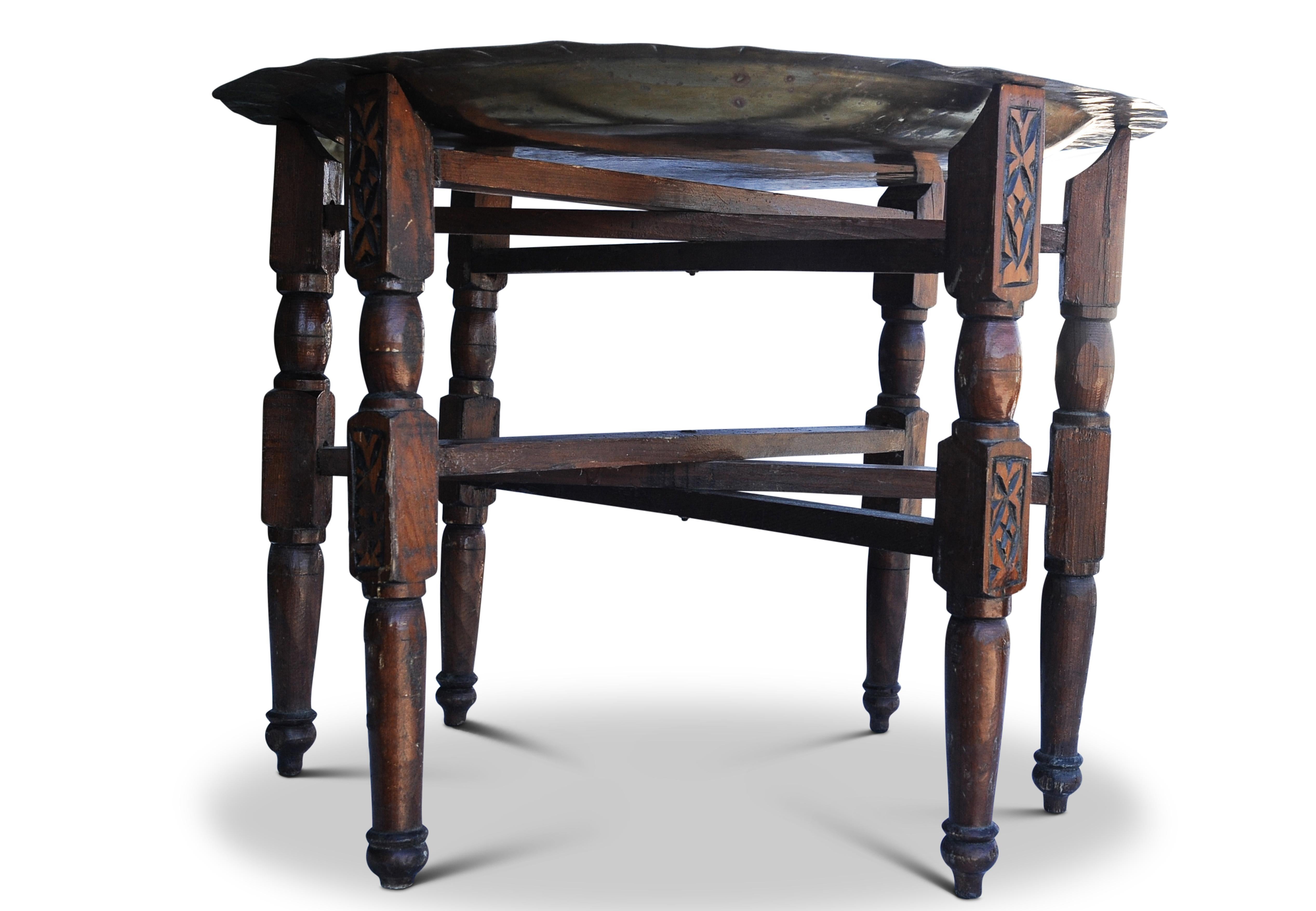 Moorish 19th Century Brass And Hardwood Tea Table Decorated With Decorative Top For Sale