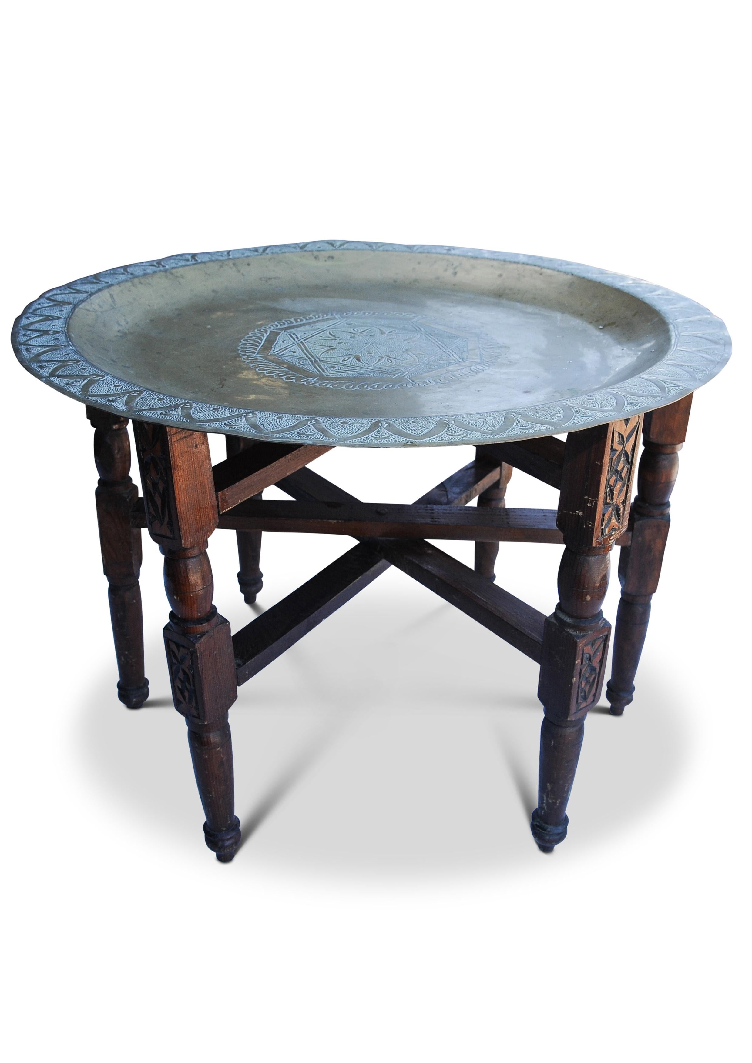 Engraved 19th Century Brass And Hardwood Tea Table Decorated With Decorative Top For Sale