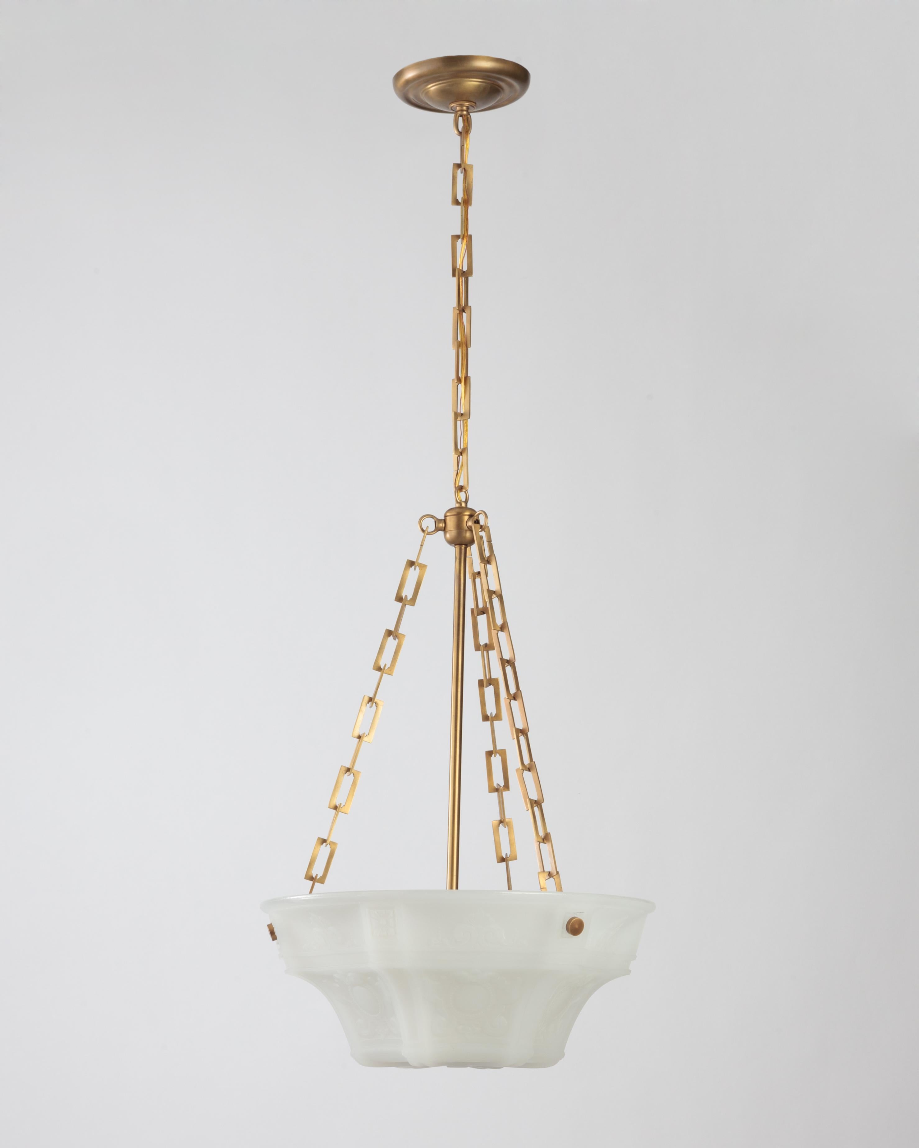 Neoclassical Early 20th Century Brass and Opaline Glass Inverted Dome Chandelier