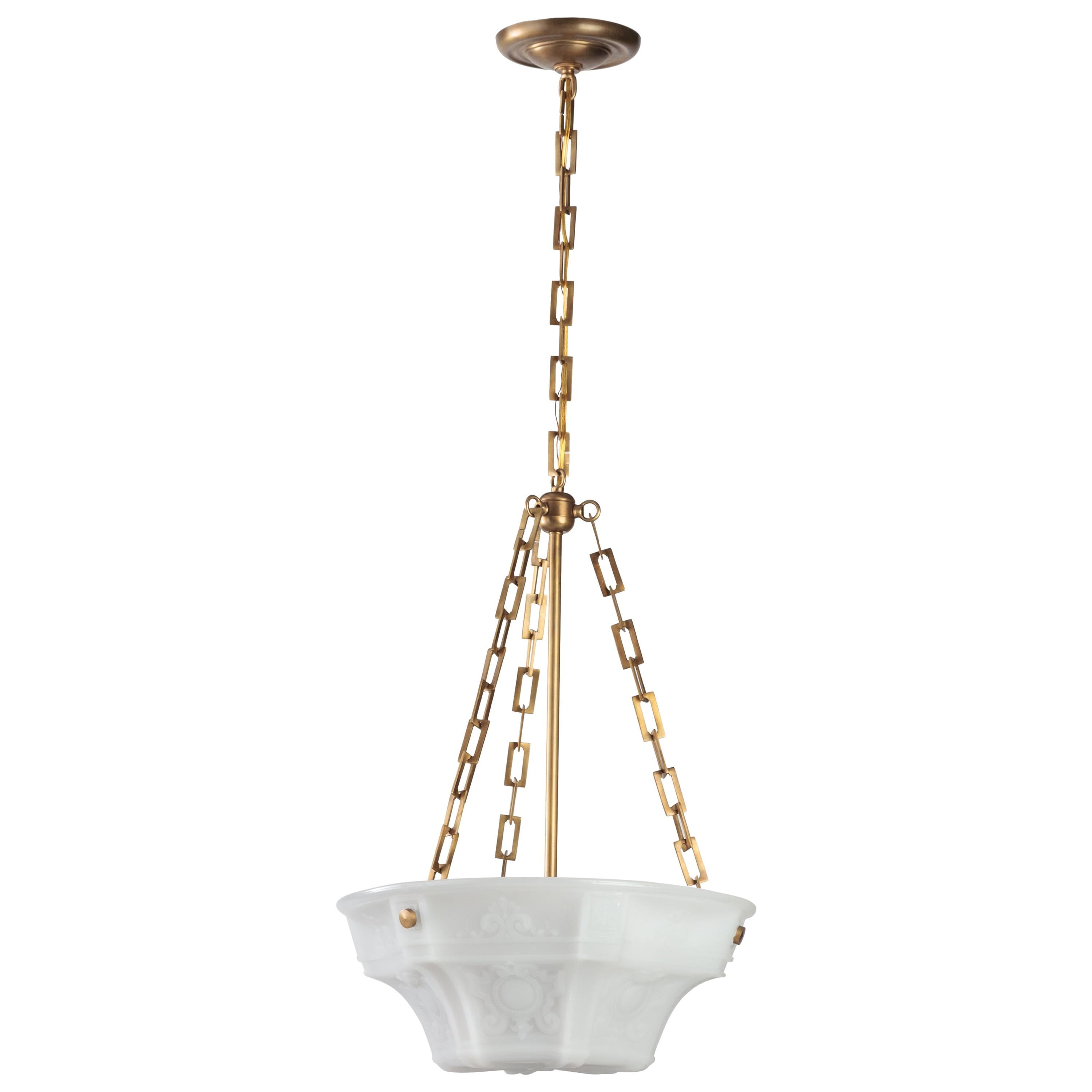 Early 20th Century Brass and Opaline Glass Inverted Dome Chandelier