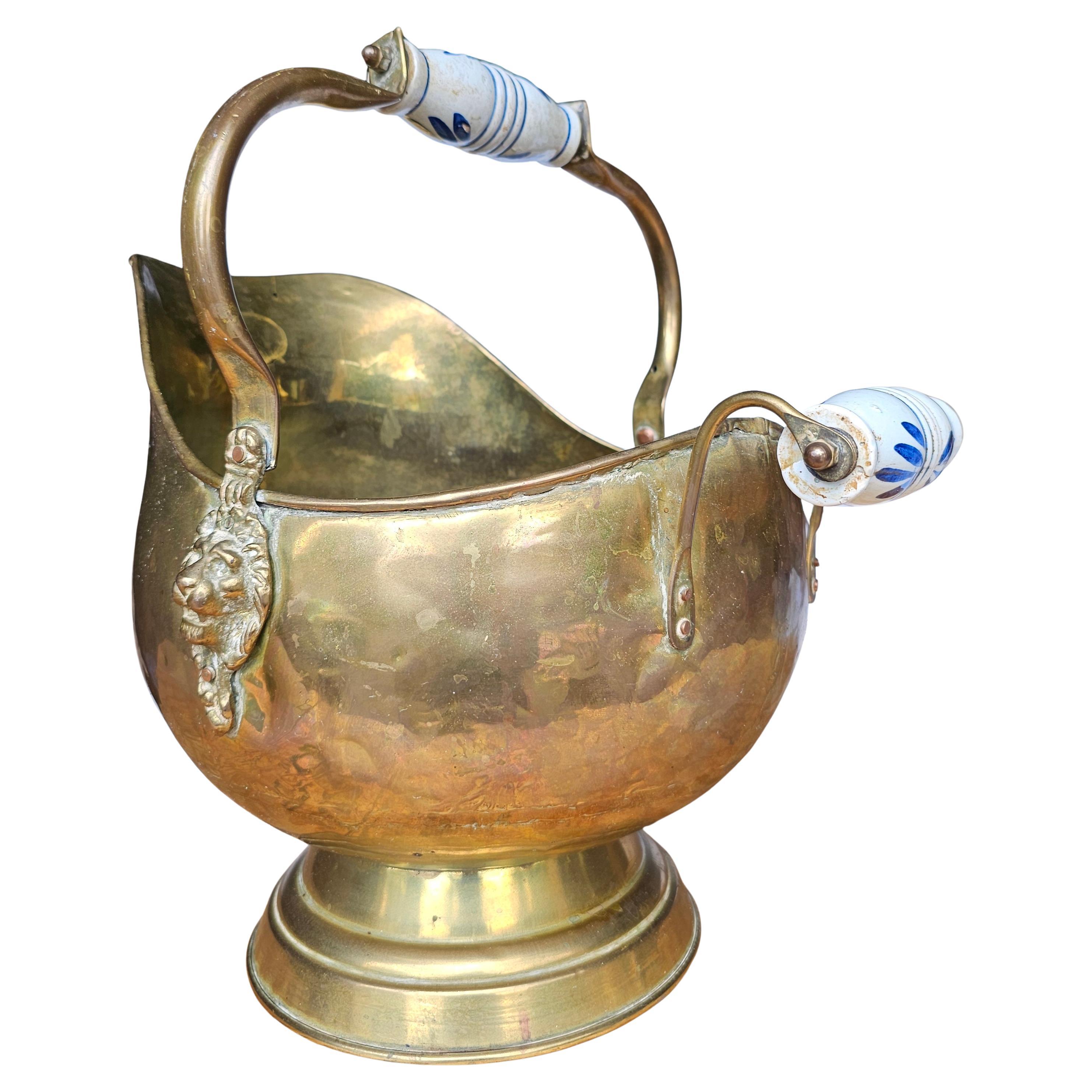Early 20th Century Brass and Porcelain Helmet-Form Coal Scuttle