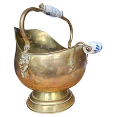 Antique Early 20th Century Brass and Porcelain Helmet-Form Coal Scuttle