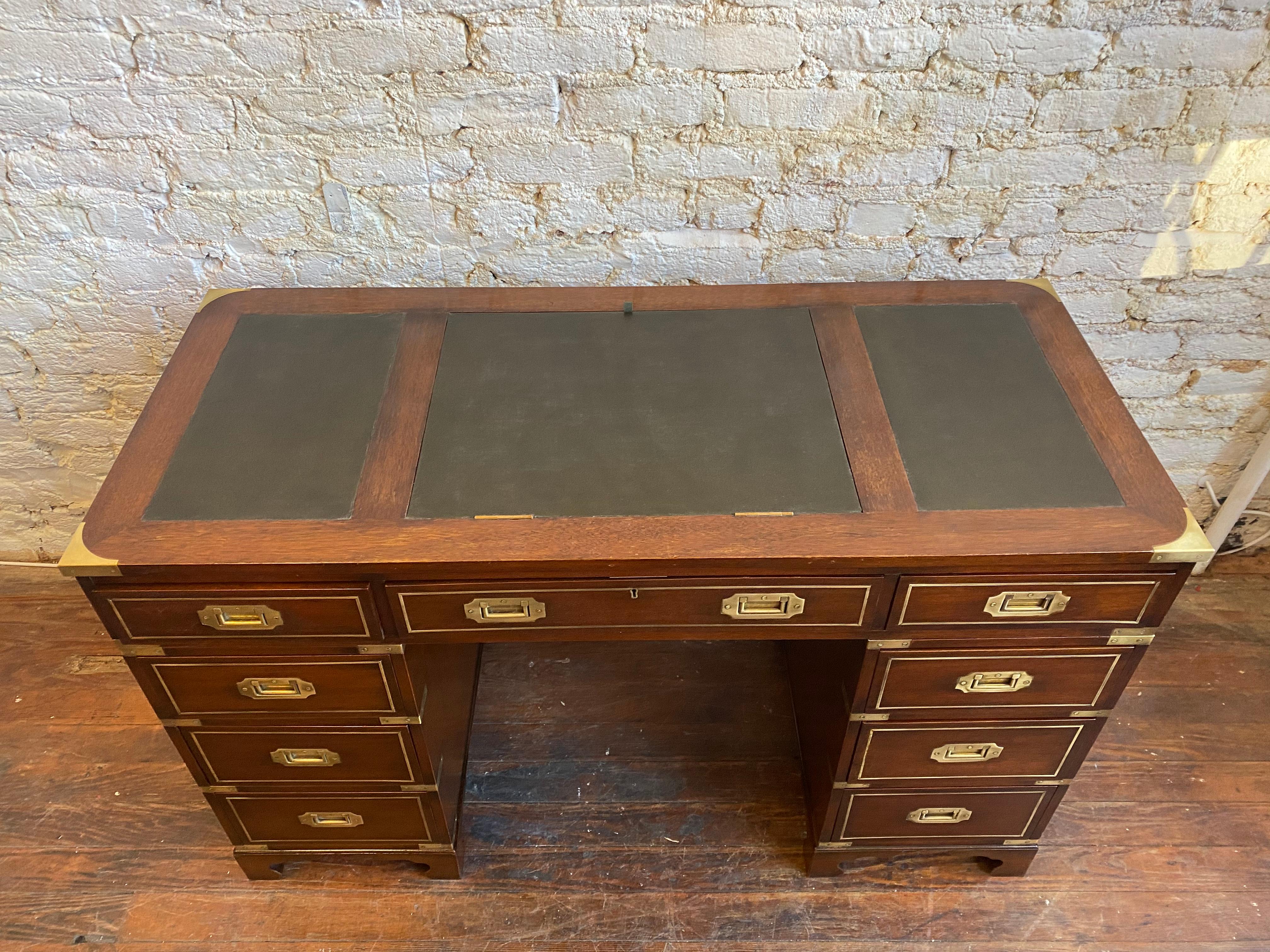 English Early 20th Century Brass Bound Leather and Mahogany Three Part Campaign Desk