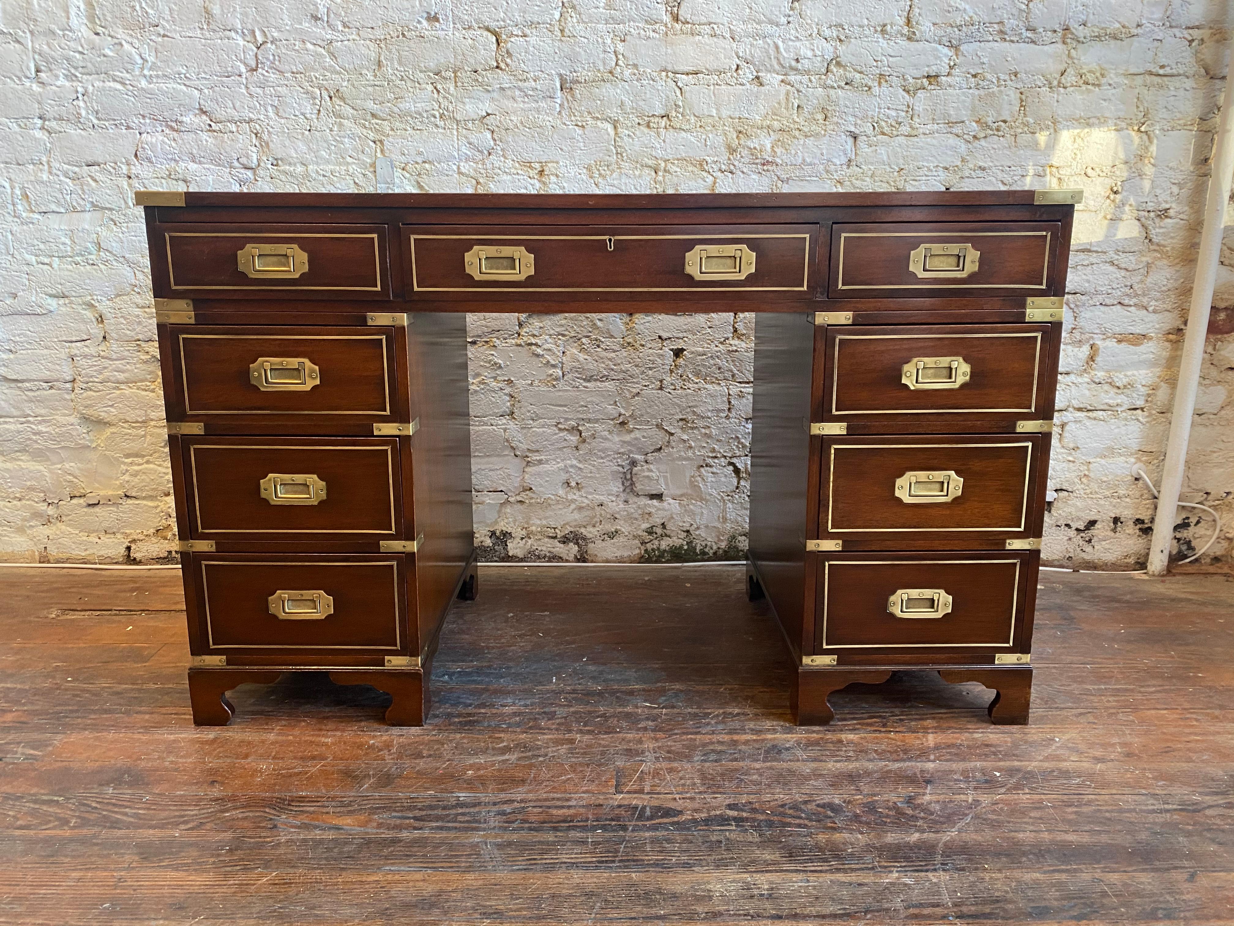 Early 20th Century Brass Bound Leather and Mahogany Three Part Campaign Desk In Good Condition In Charleston, SC