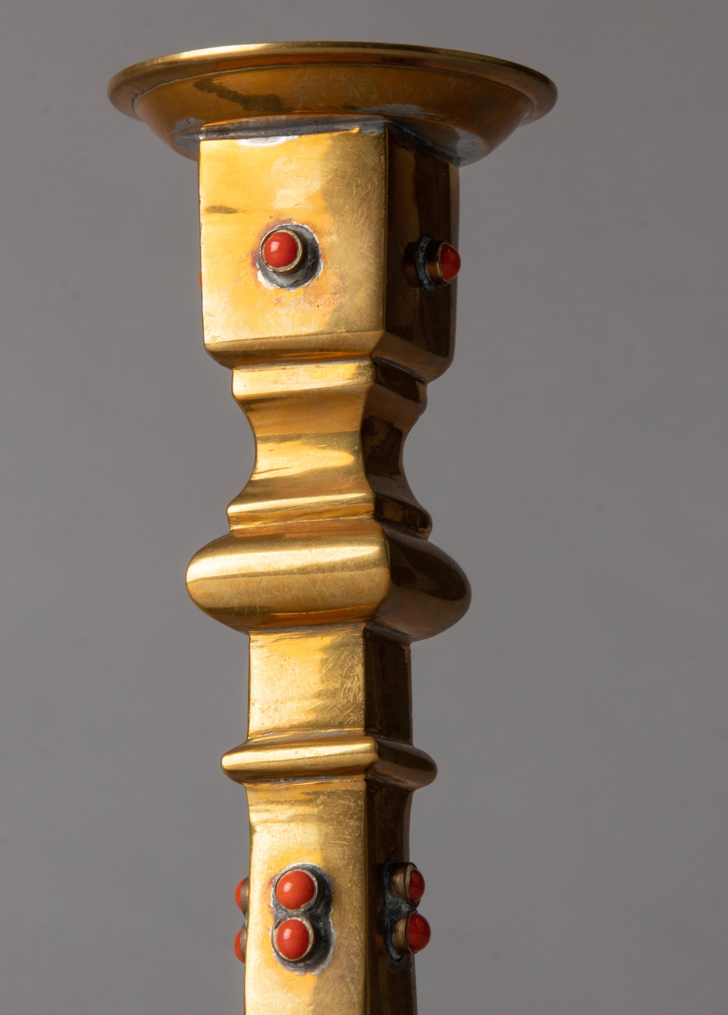 Early 20th Century Brass Candlesticks Decorated with Stones For Sale 6