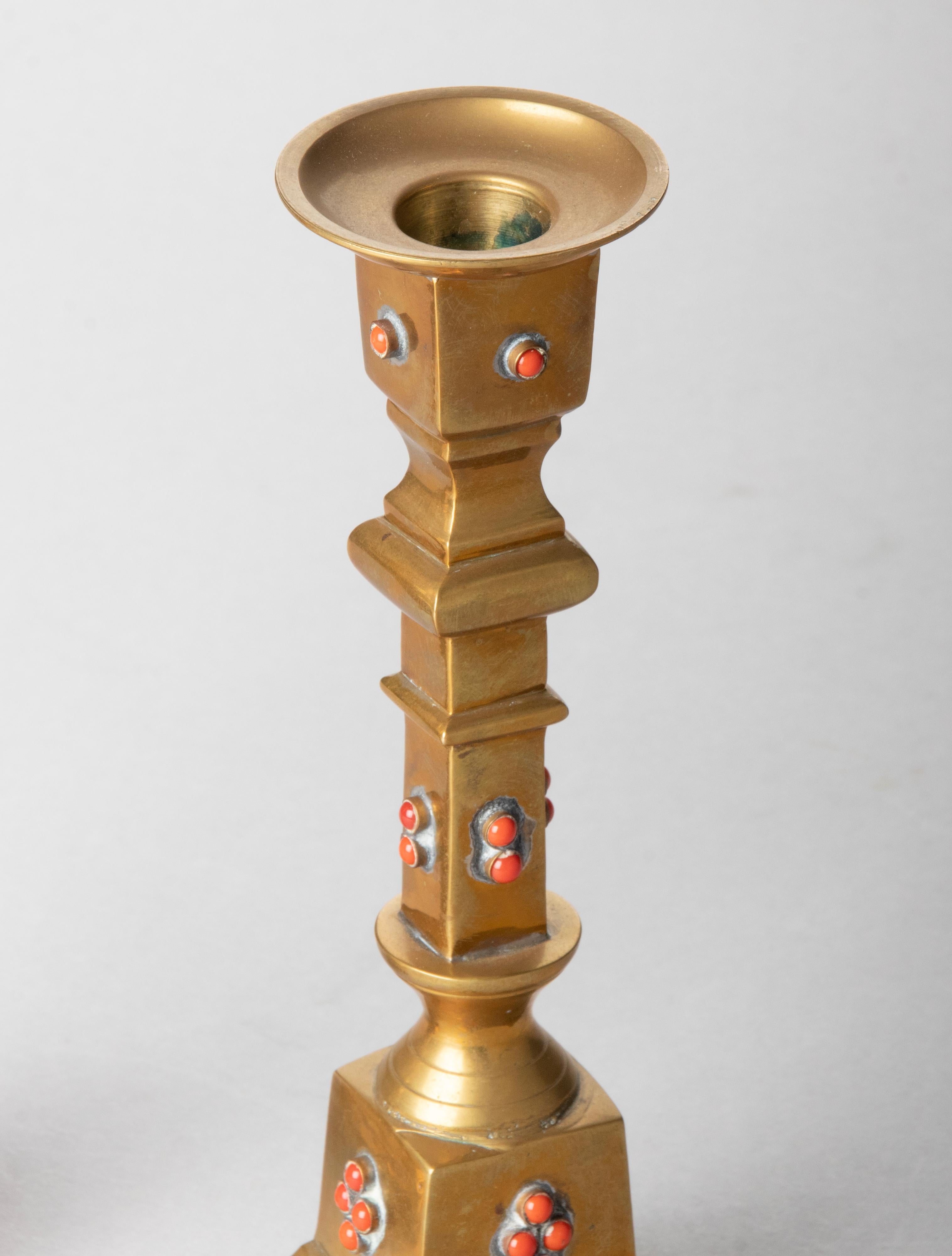 Early 20th Century Brass Candlesticks Decorated with Stones For Sale 8