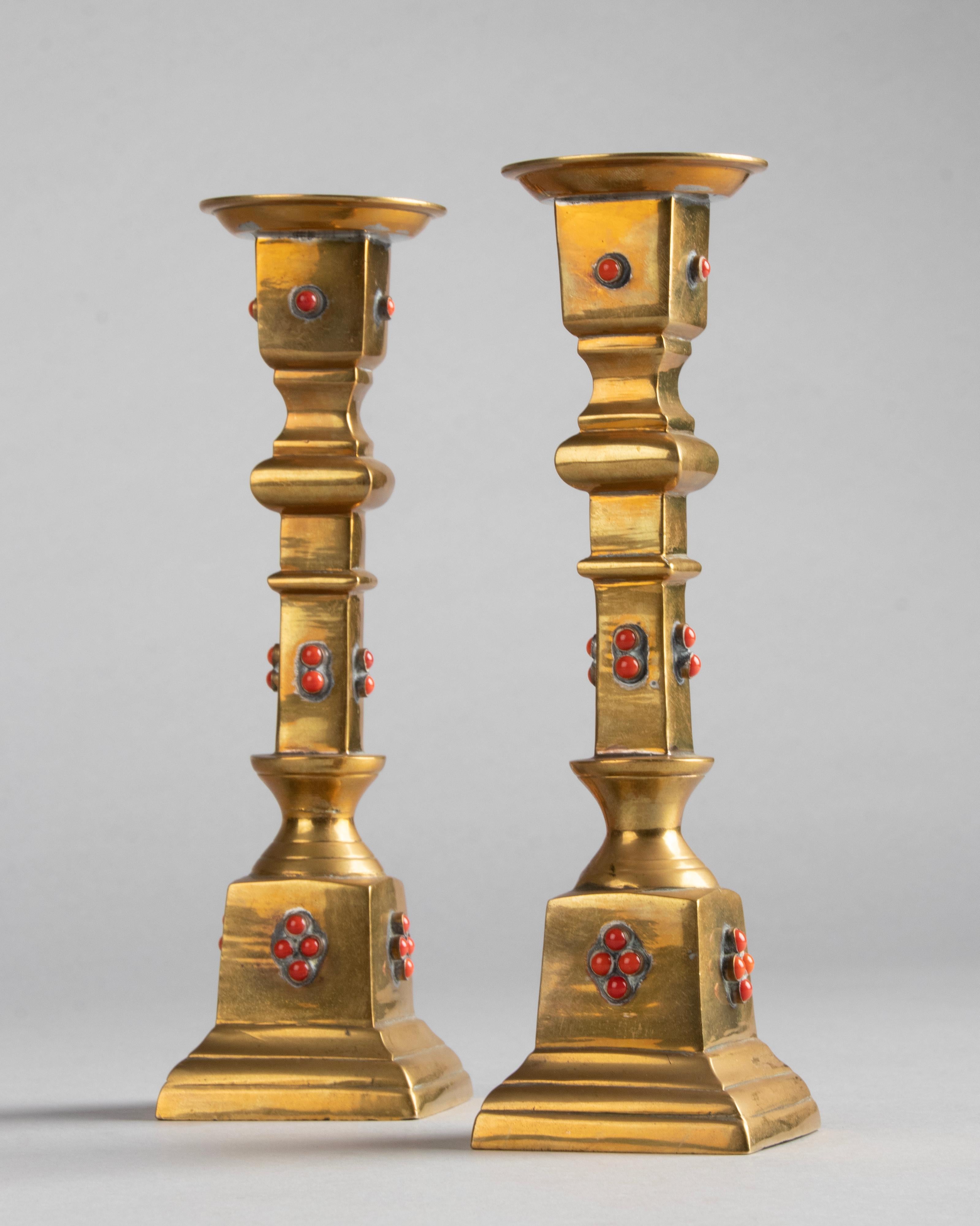 Early 20th Century Brass Candlesticks Decorated with Stones For Sale 9
