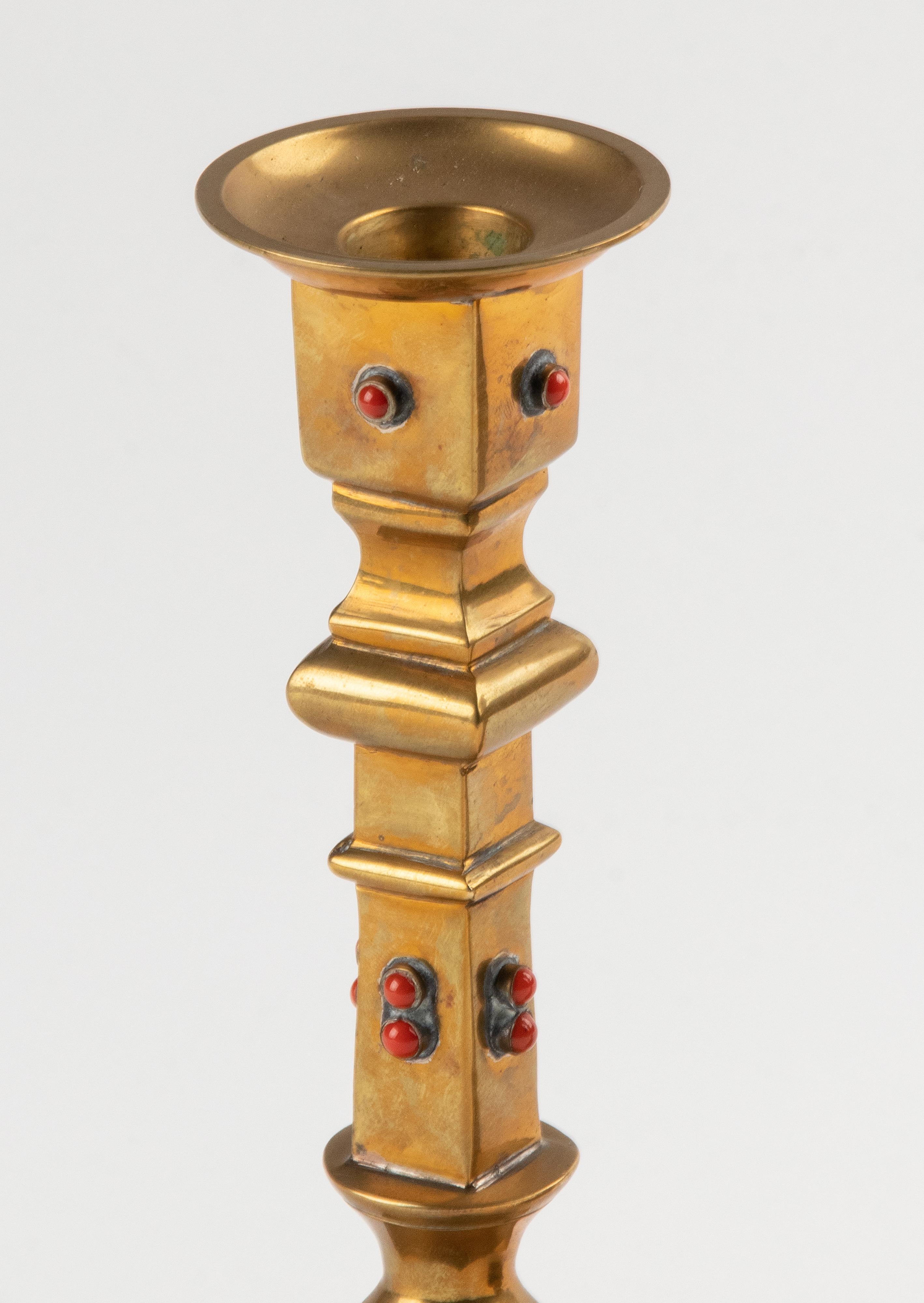 French Early 20th Century Brass Candlesticks Decorated with Stones For Sale