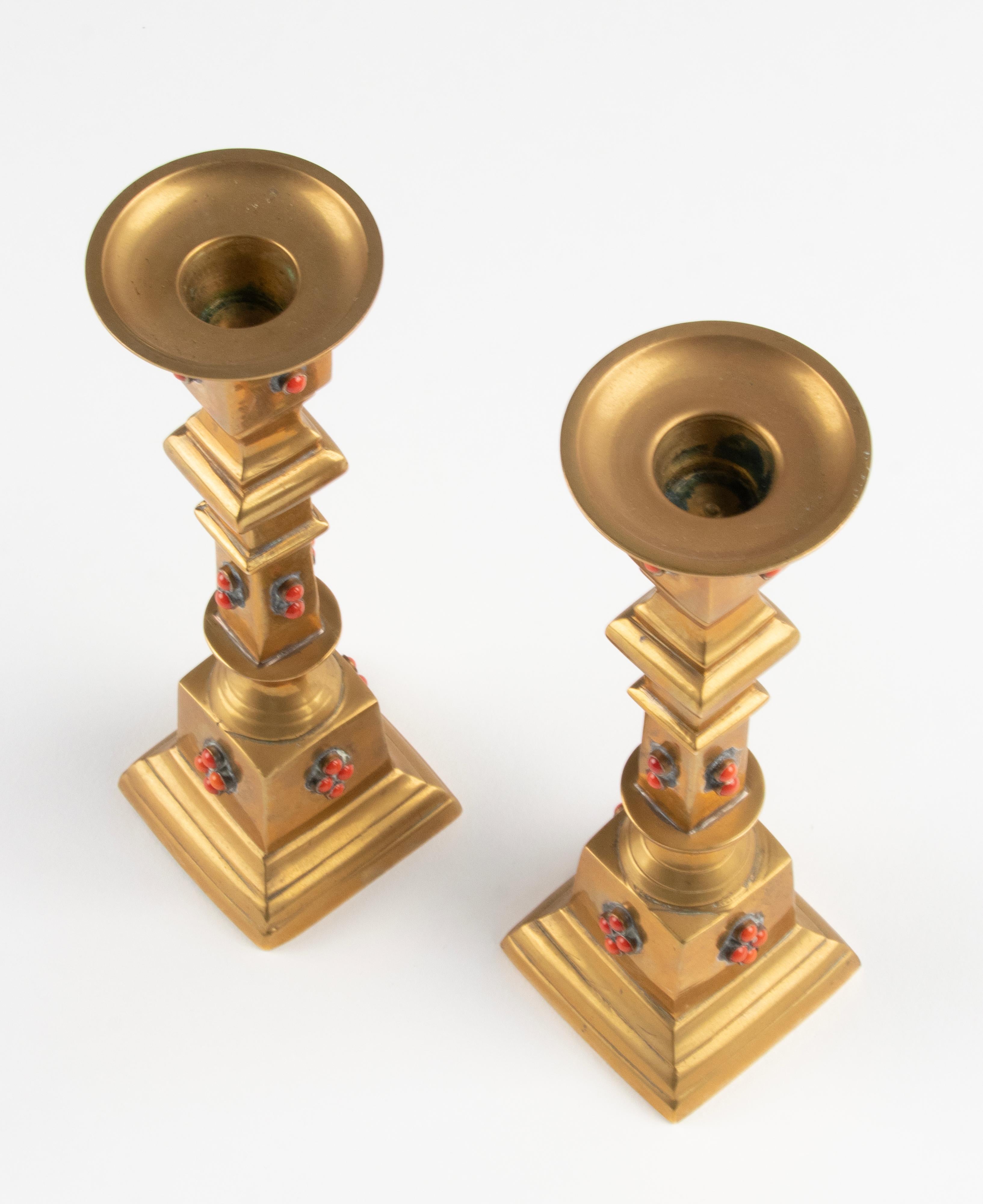 Hand-Crafted Early 20th Century Brass Candlesticks Decorated with Stones For Sale