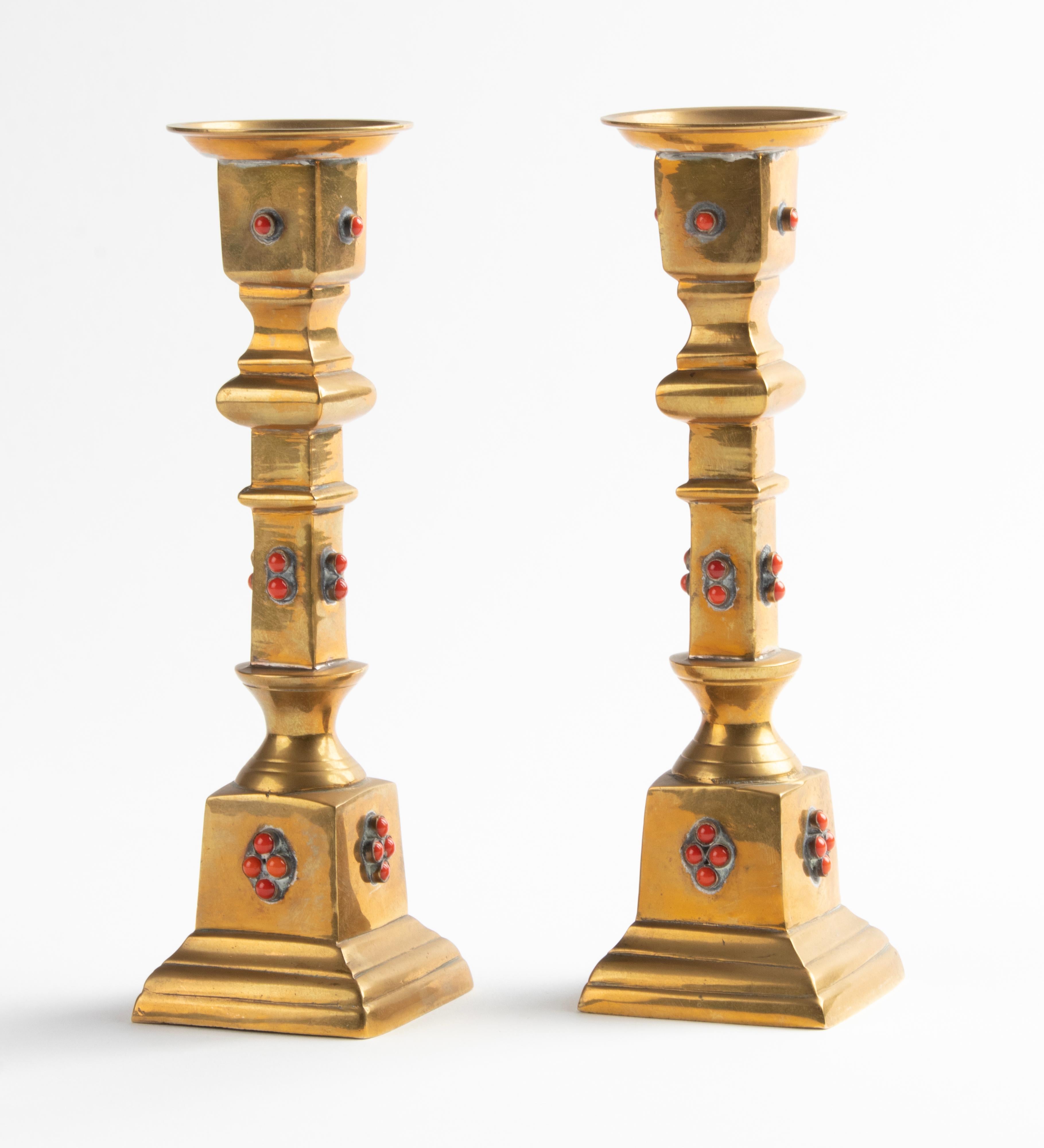 Early 20th Century Brass Candlesticks Decorated with Stones For Sale 1