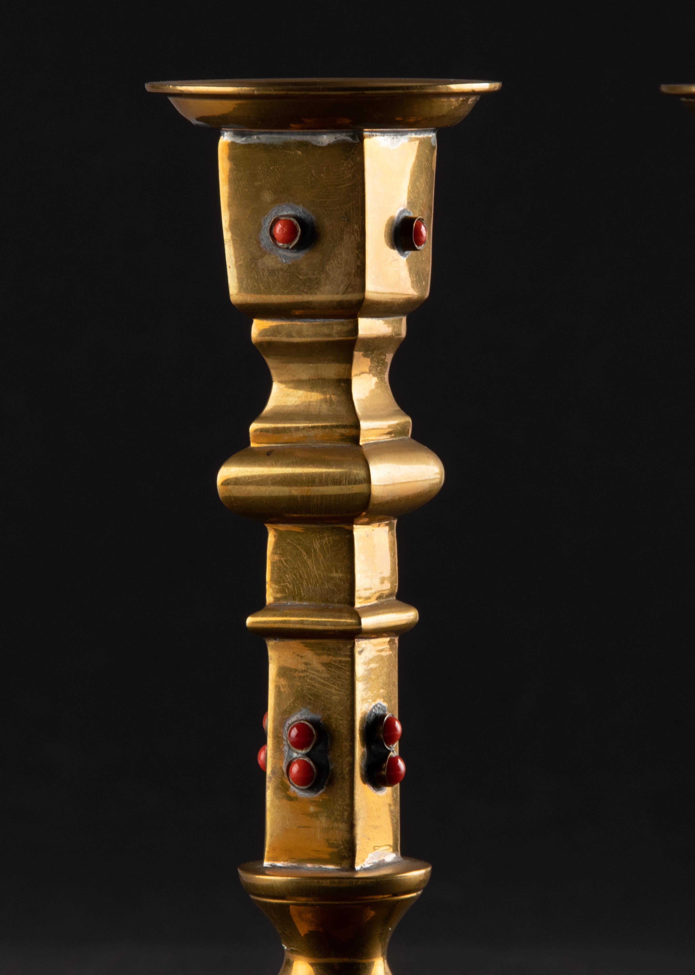 Early 20th Century Brass Candlesticks Decorated with Stones For Sale 2