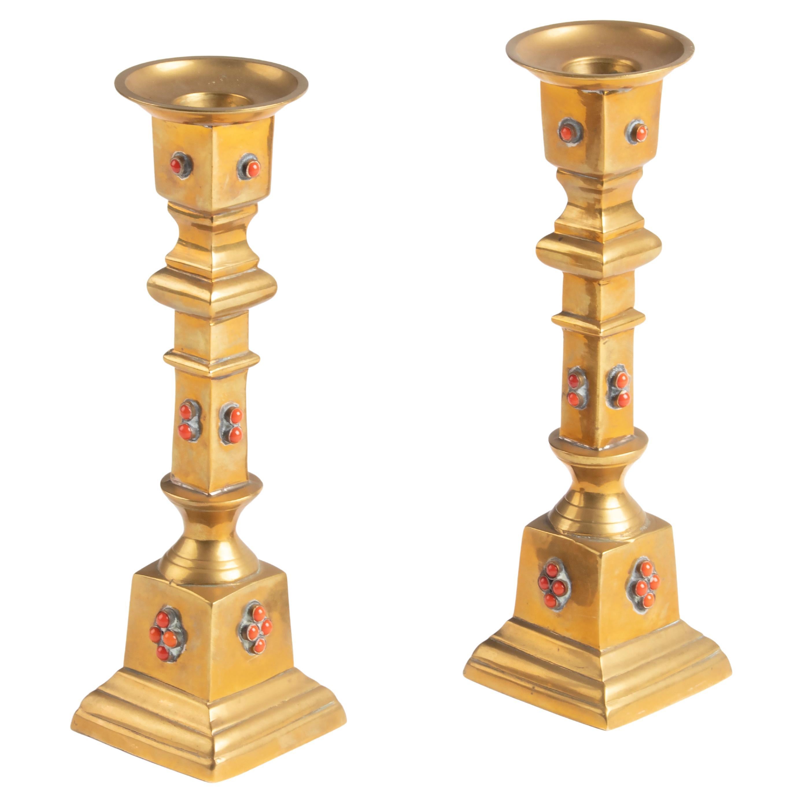 Early 20th Century Brass Candlesticks Decorated with Stones For Sale